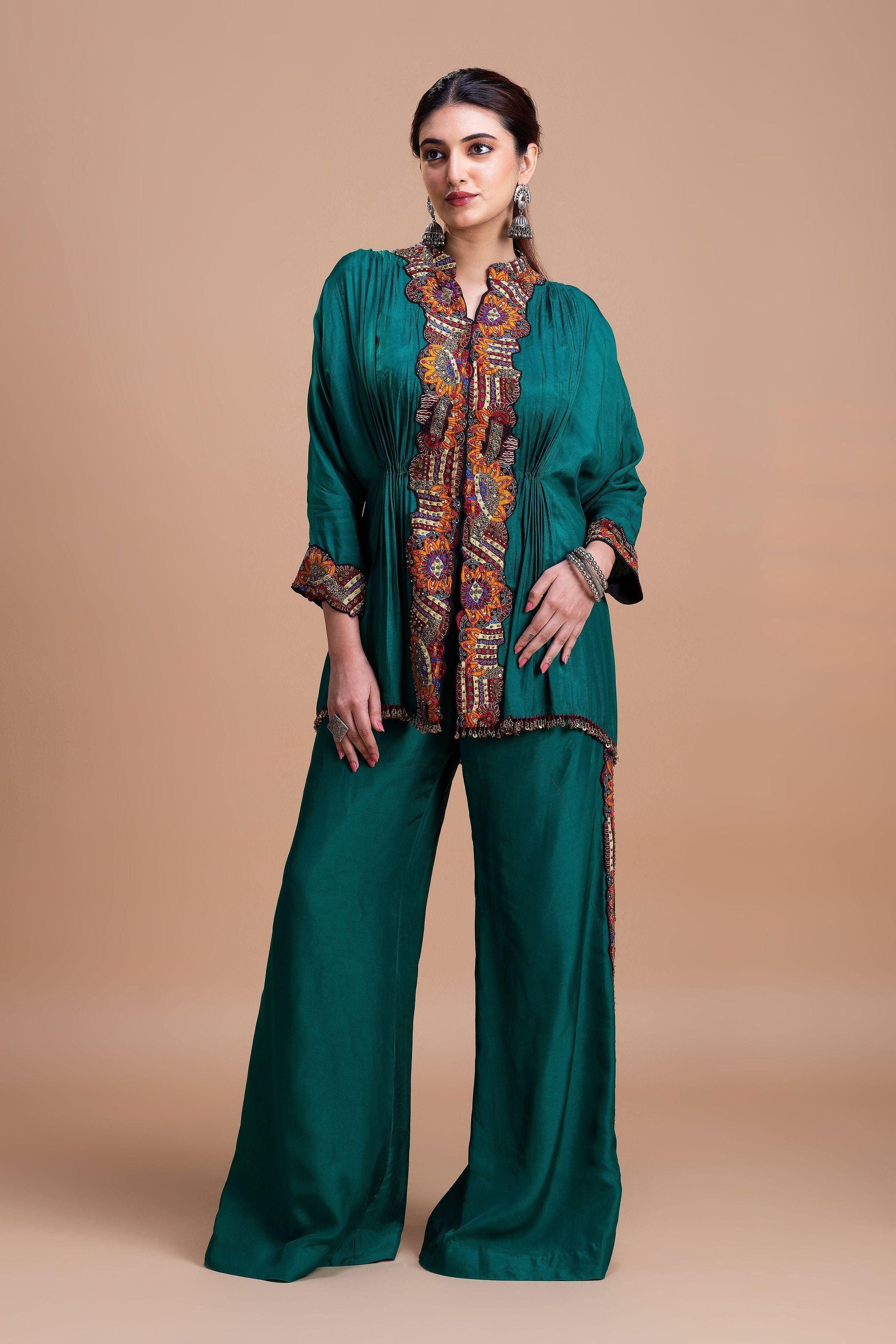 Emerald Green Embroidered Silk Co-Ord Set - Mokshaa