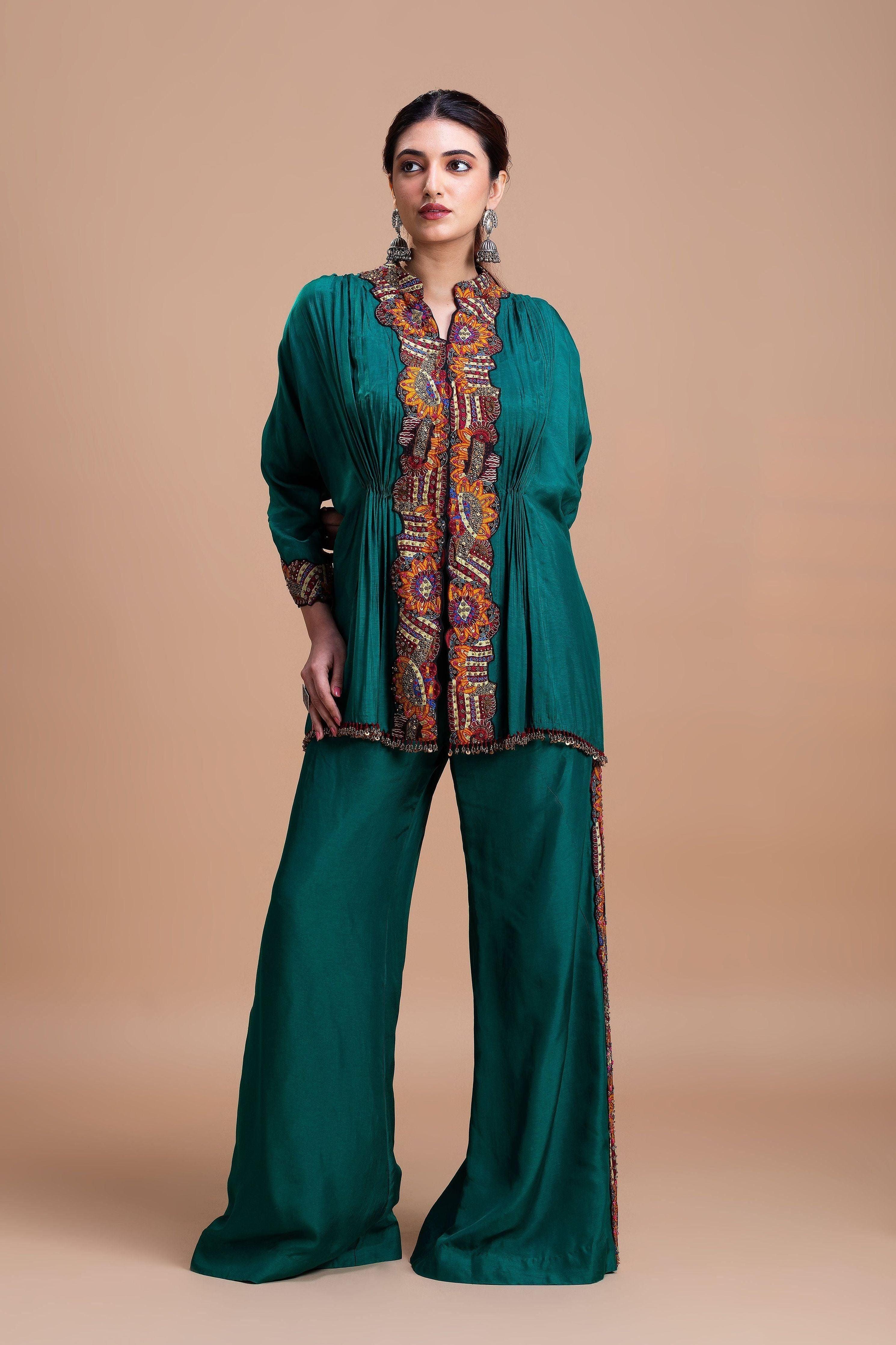 Emerald Green Embroidered Silk Co-Ord Set - Mokshaa
