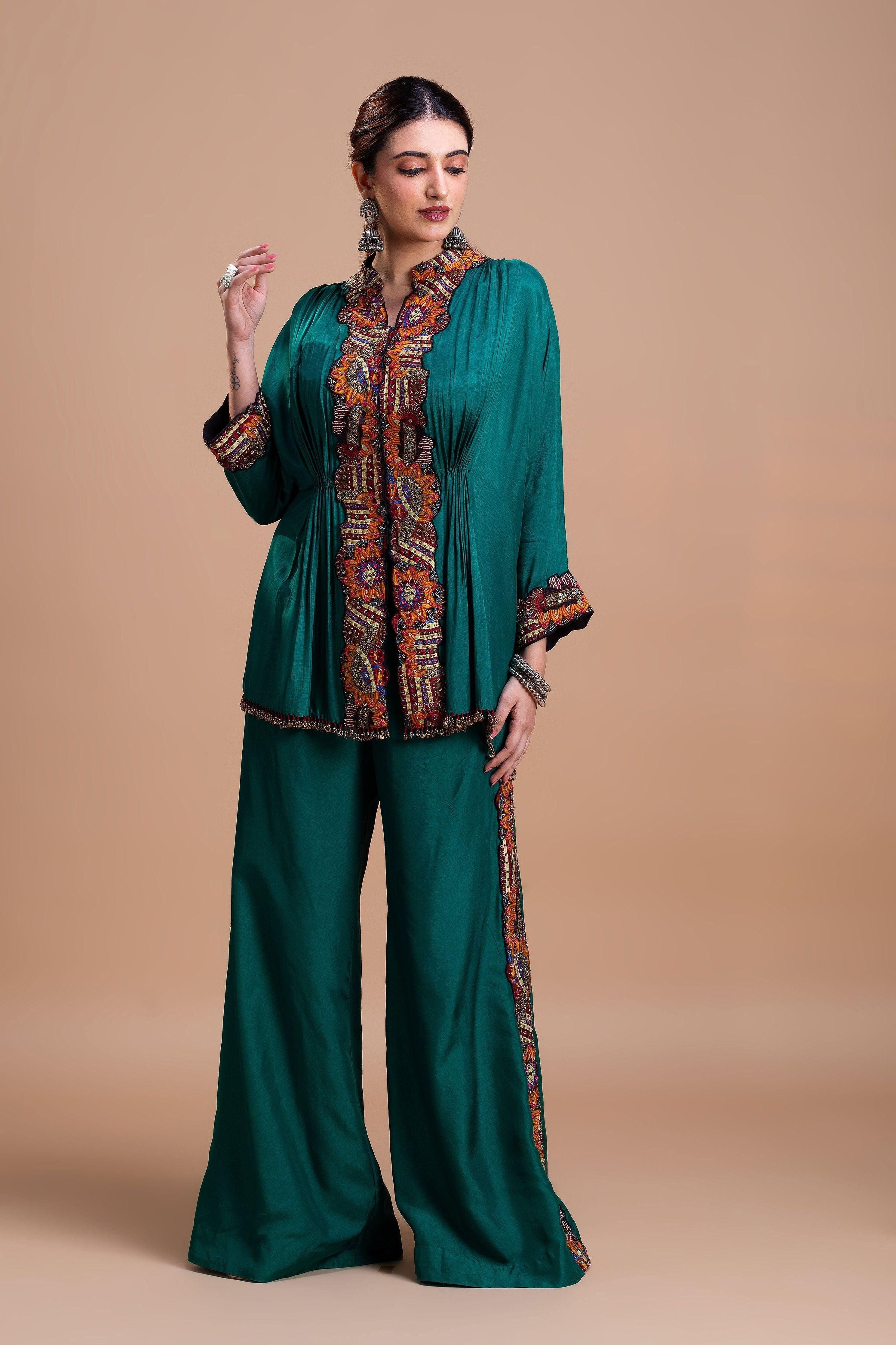 Emerald Green Embroidered Silk Co-Ord Set - Mokshaa