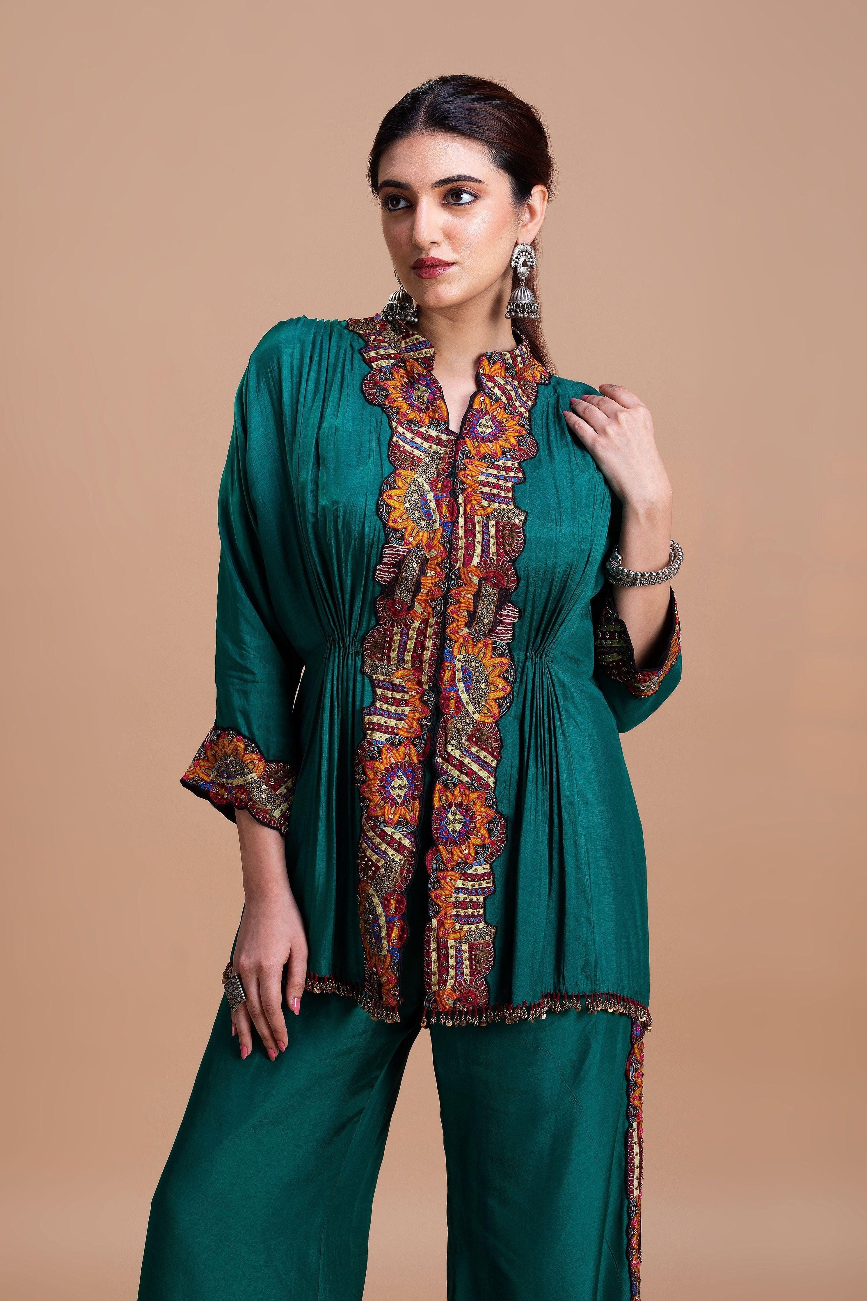 Emerald Green Embroidered Silk Co-Ord Set - Mokshaa