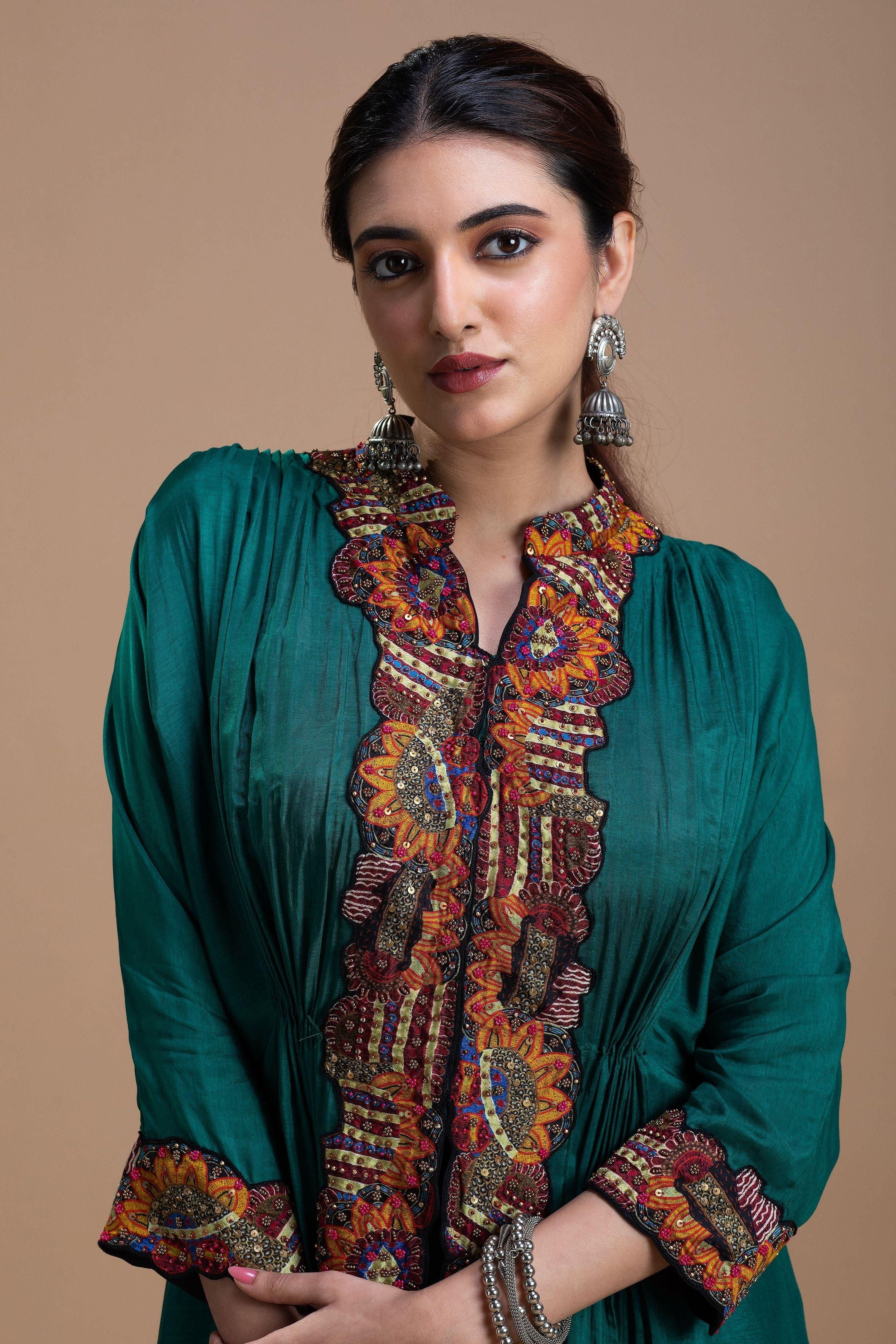 Emerald Green Embroidered Silk Co-Ord Set - Mokshaa