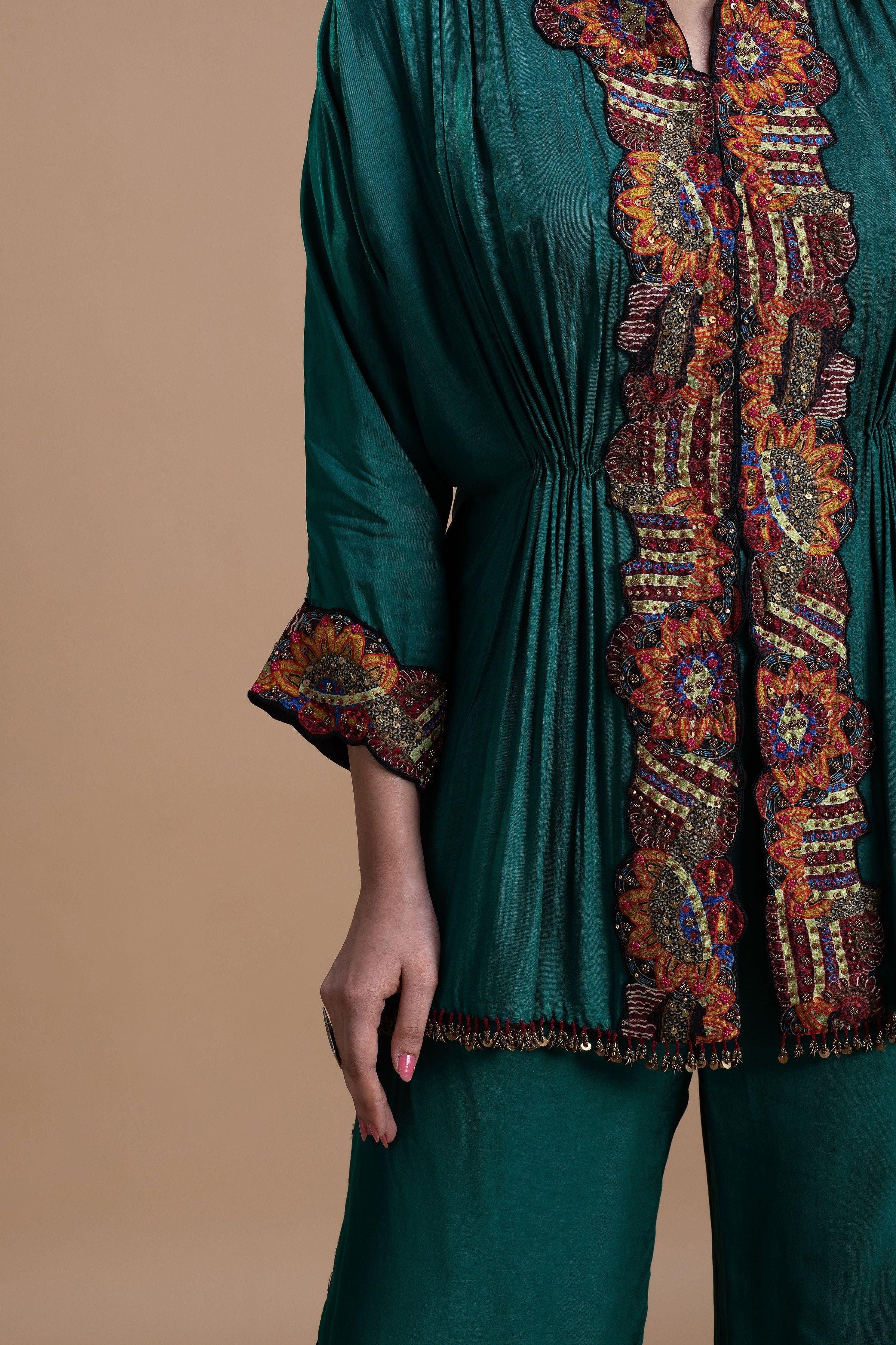 Emerald Green Embroidered Silk Co-Ord Set - Mokshaa