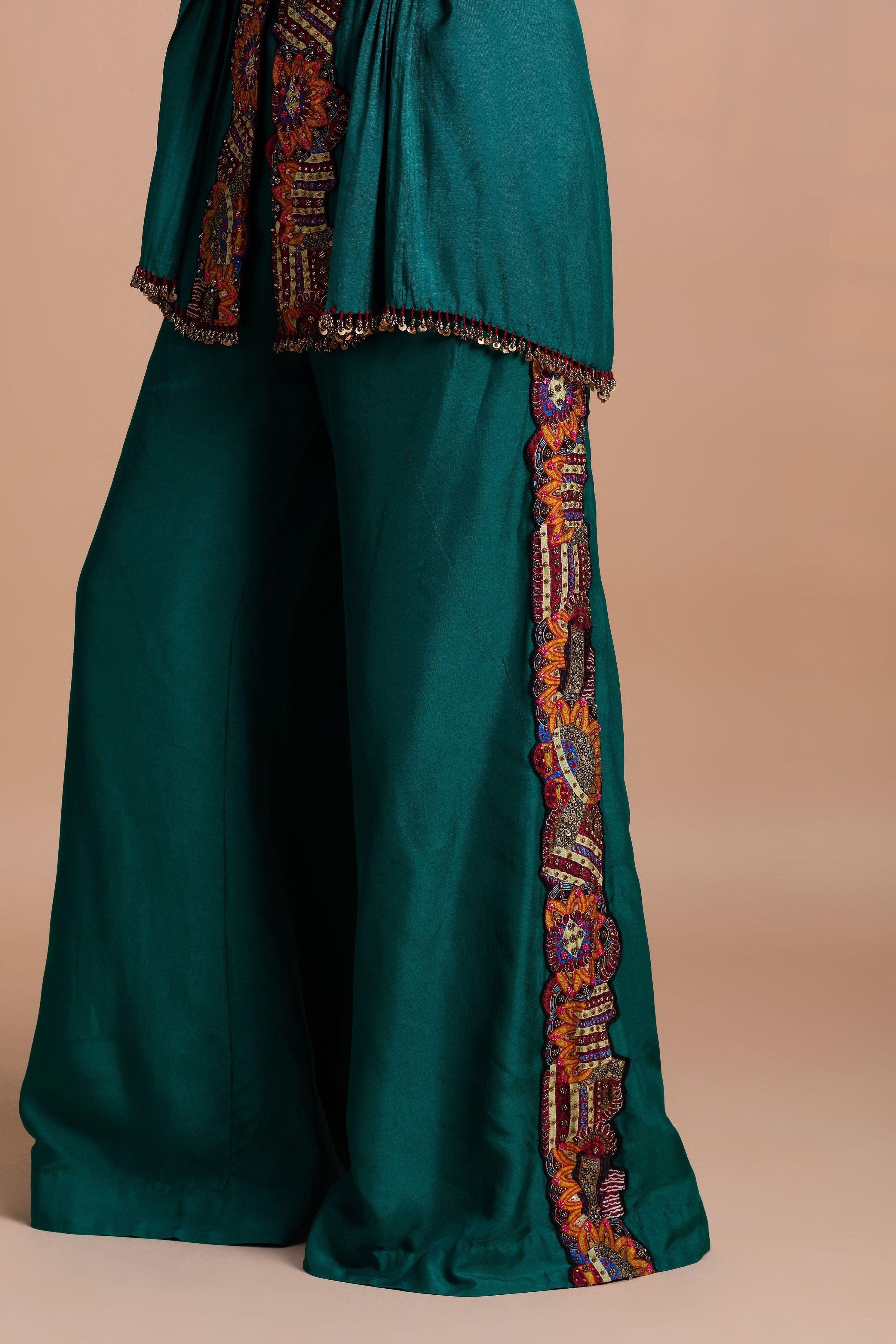 Emerald Green Embroidered Silk Co-Ord Set - Mokshaa