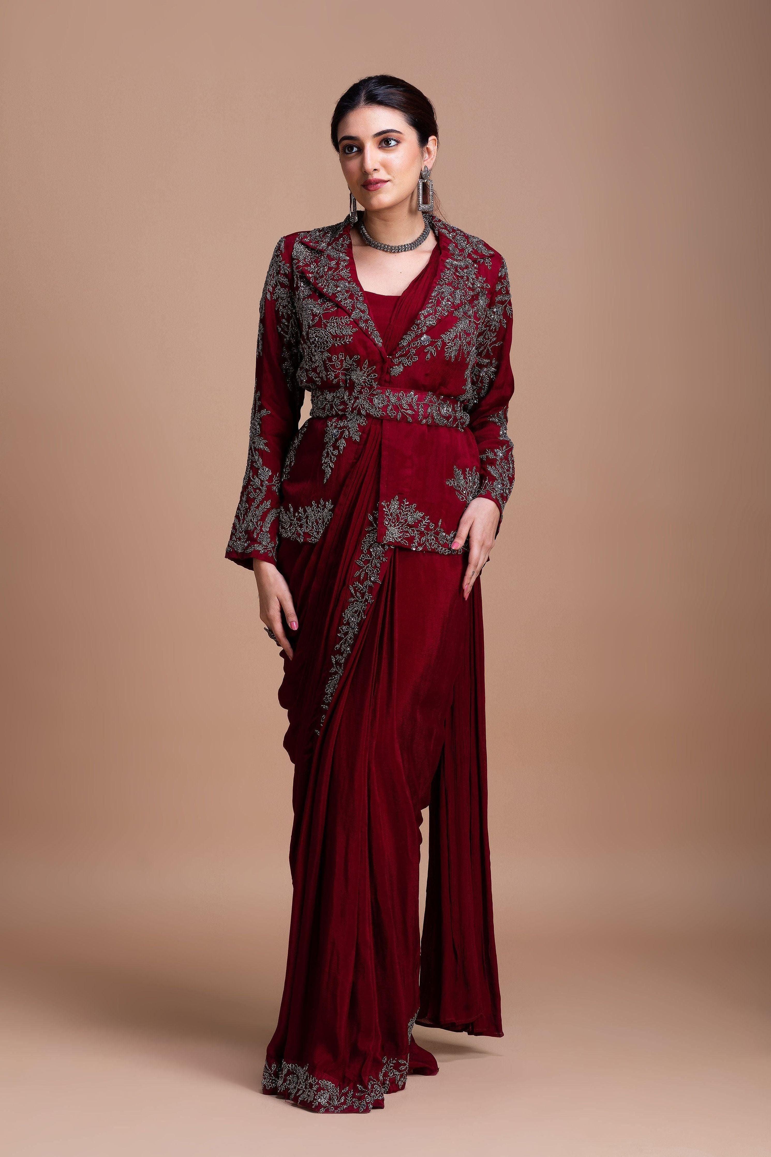 Wine Red Embroidered Blazer-Style Saree Set - Mokshaa