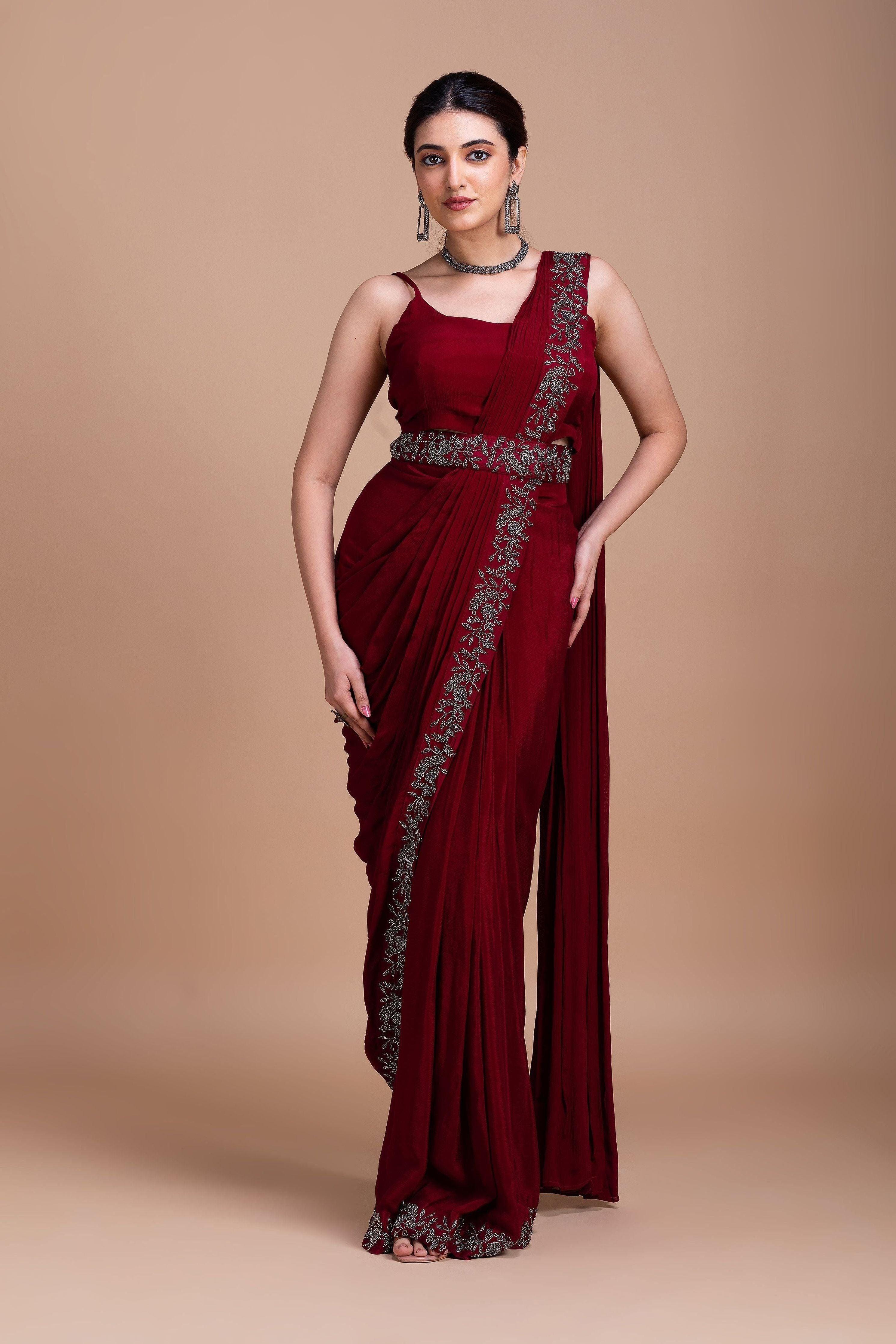 Wine Red Embroidered Blazer-Style Saree Set - Mokshaa