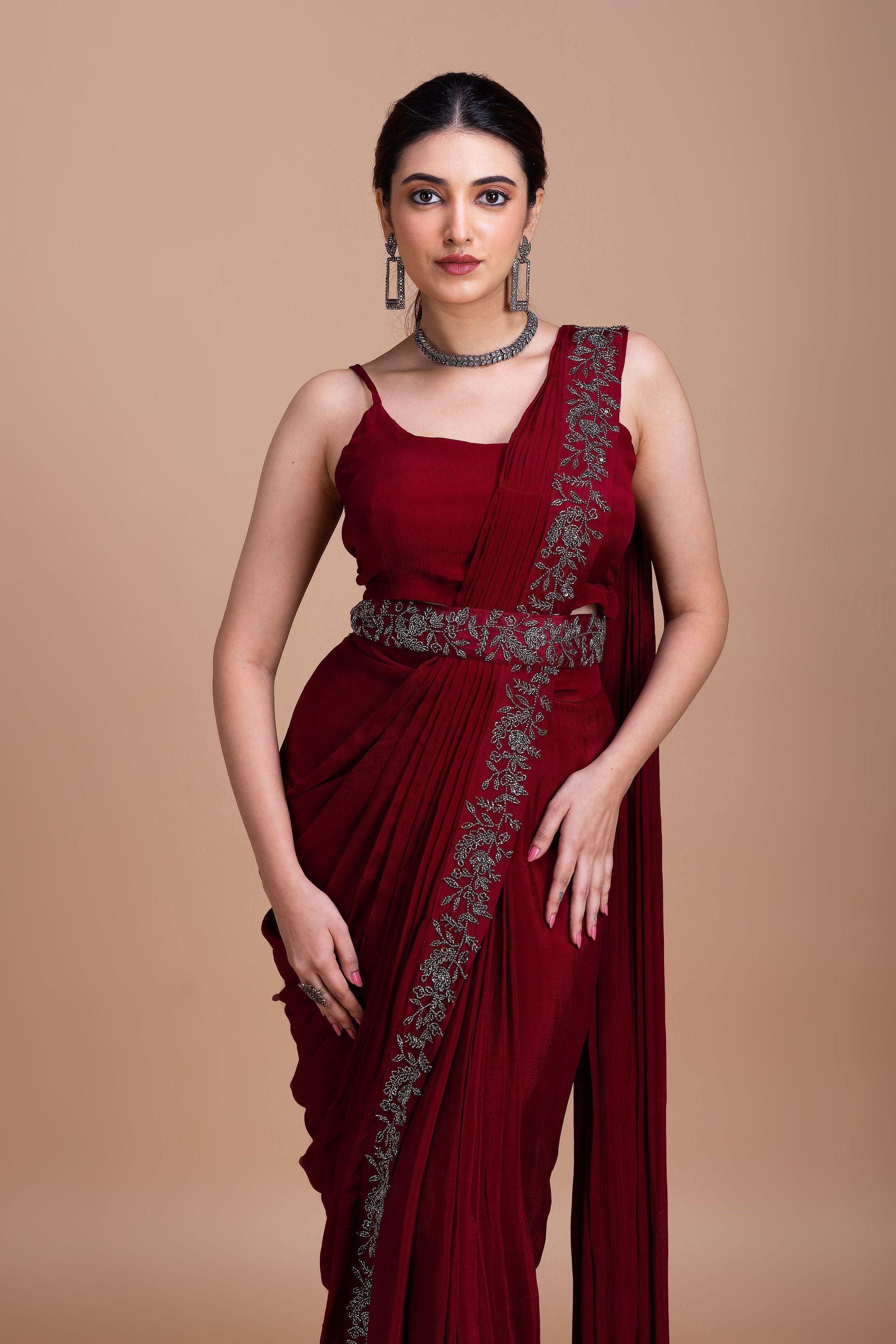 Wine Red Embroidered Blazer-Style Saree Set - Mokshaa