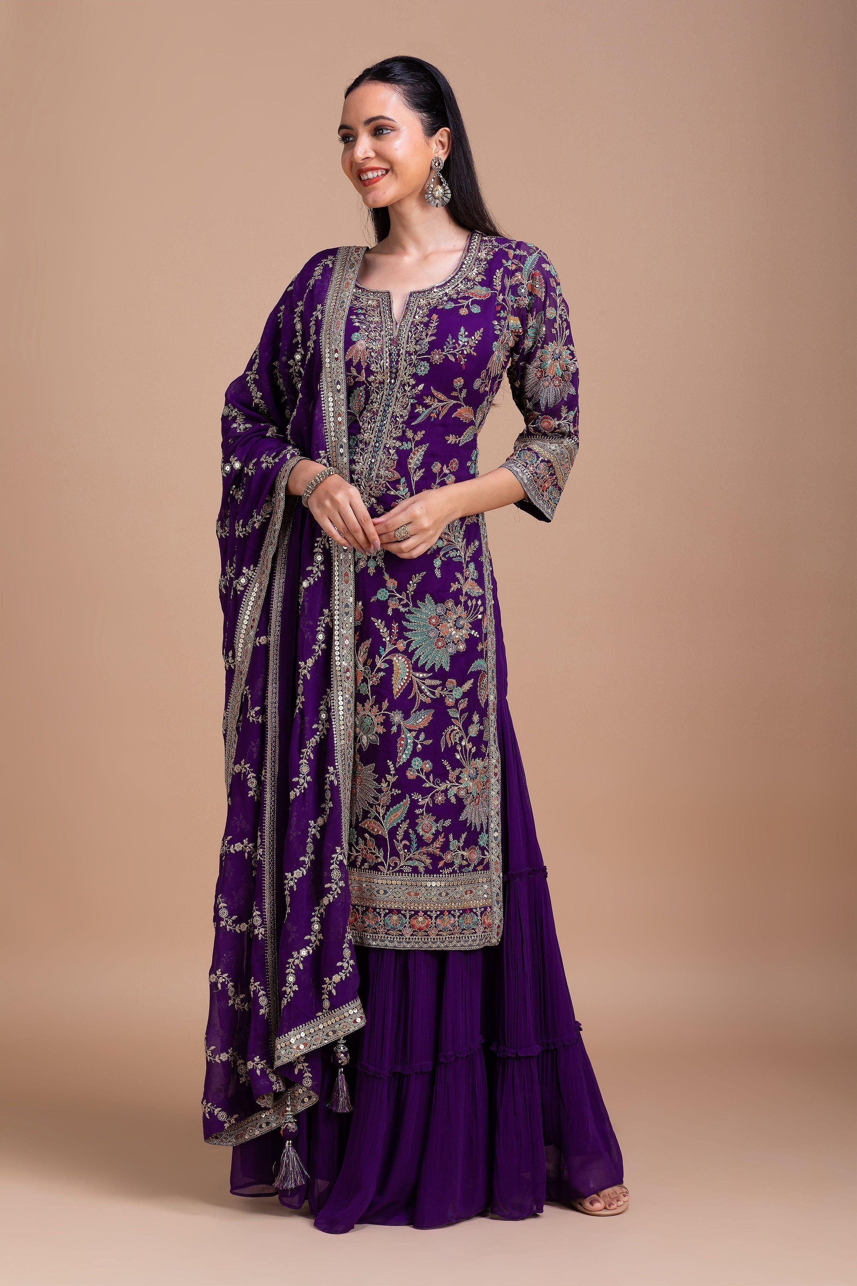 Royal Purple Floral Embroidered Sharara Set - Mokshaa
