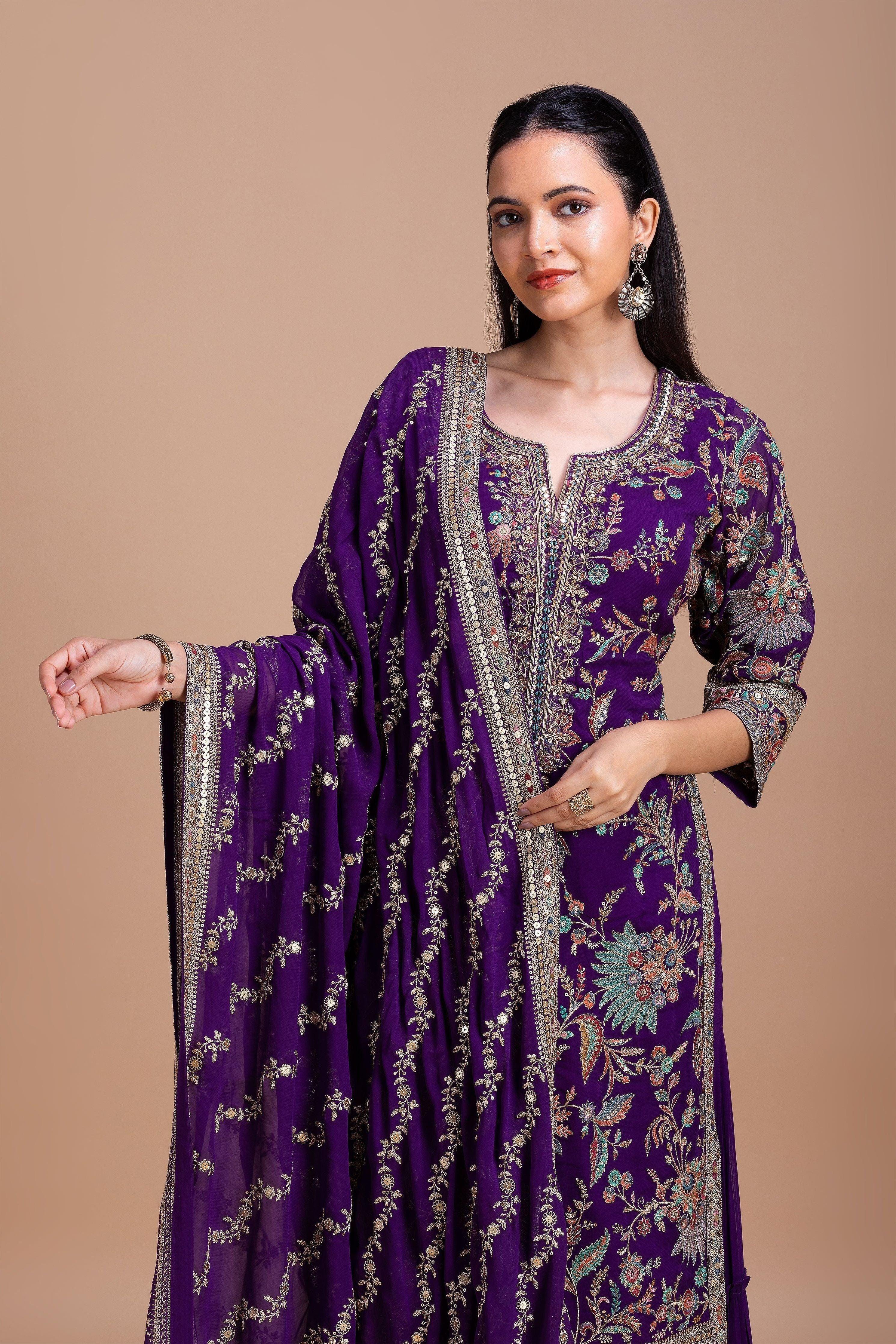 Royal Purple Floral Embroidered Sharara Set - Mokshaa