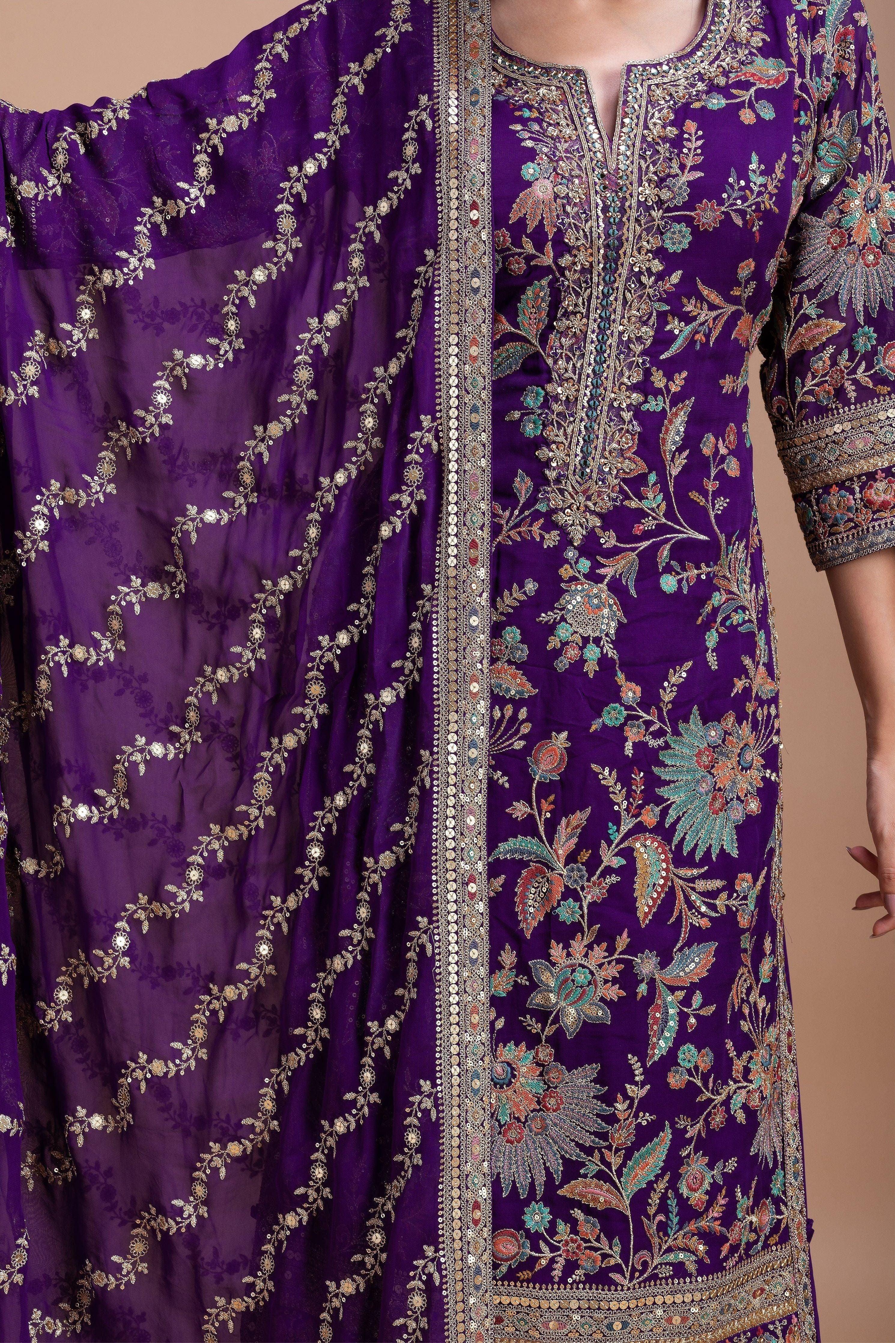 Royal Purple Floral Embroidered Sharara Set - Mokshaa