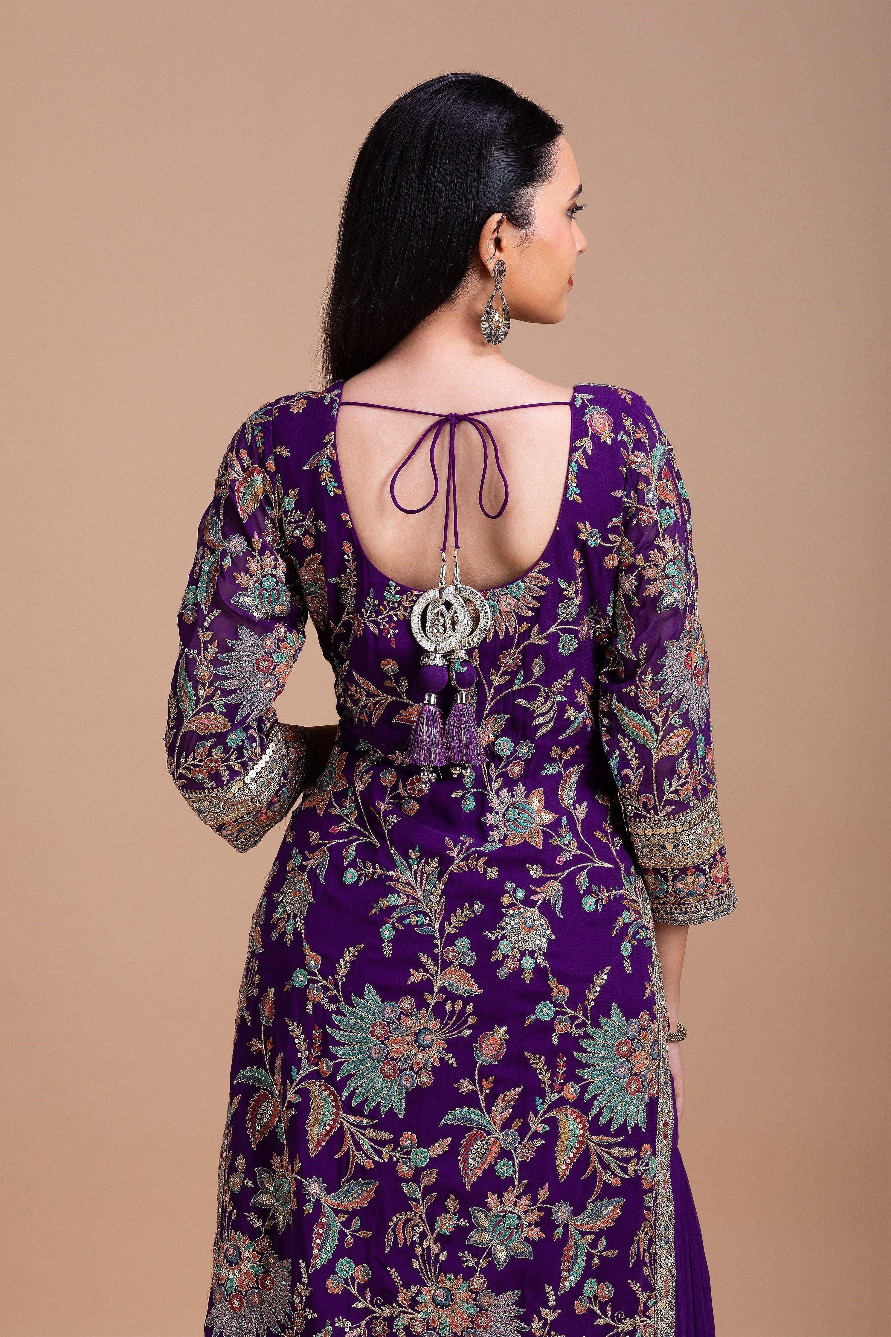 Royal Purple Floral Embroidered Sharara Set - Mokshaa
