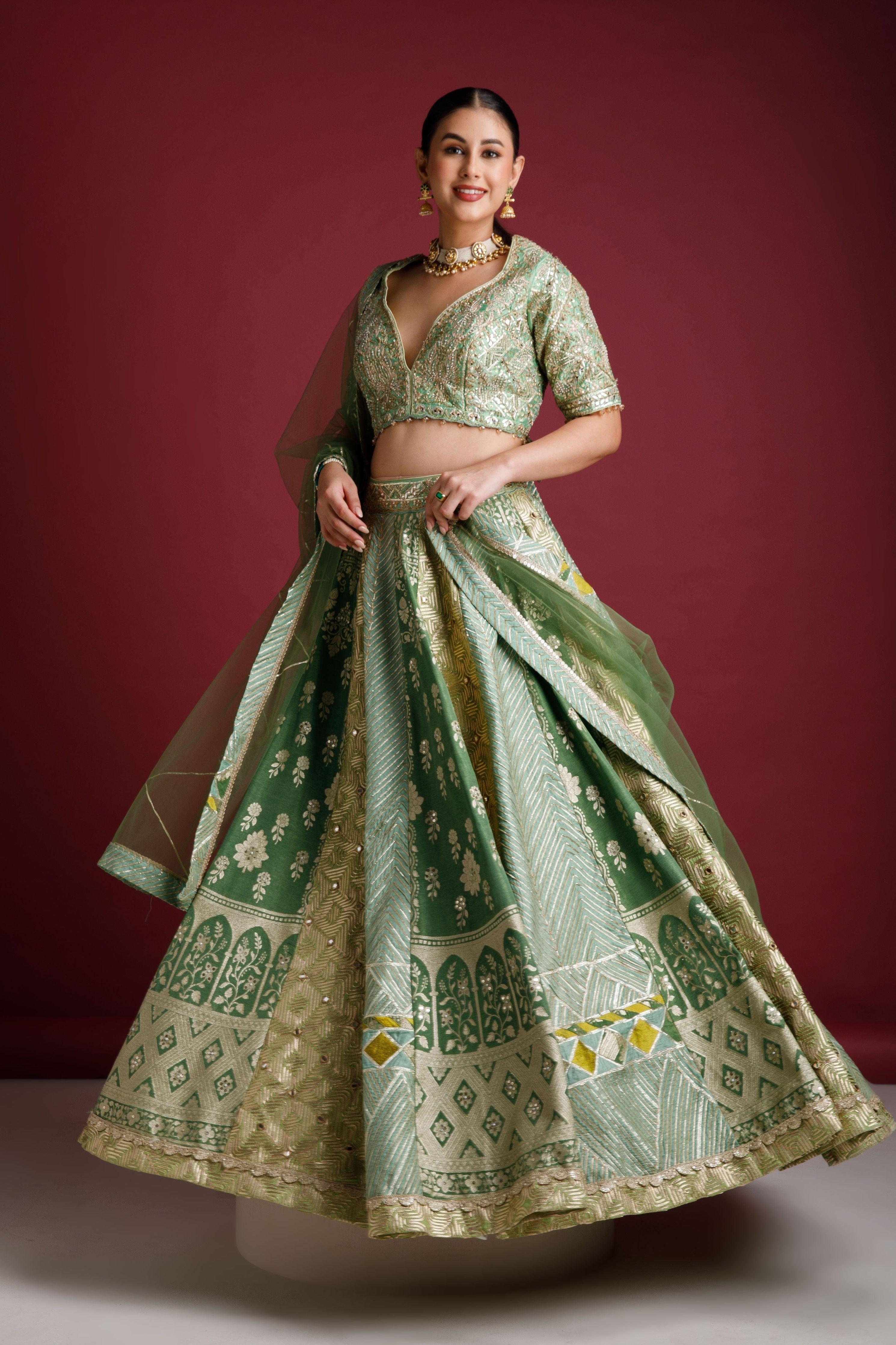 Moss Green Banarasi Silk Lehenga - Mokshaa