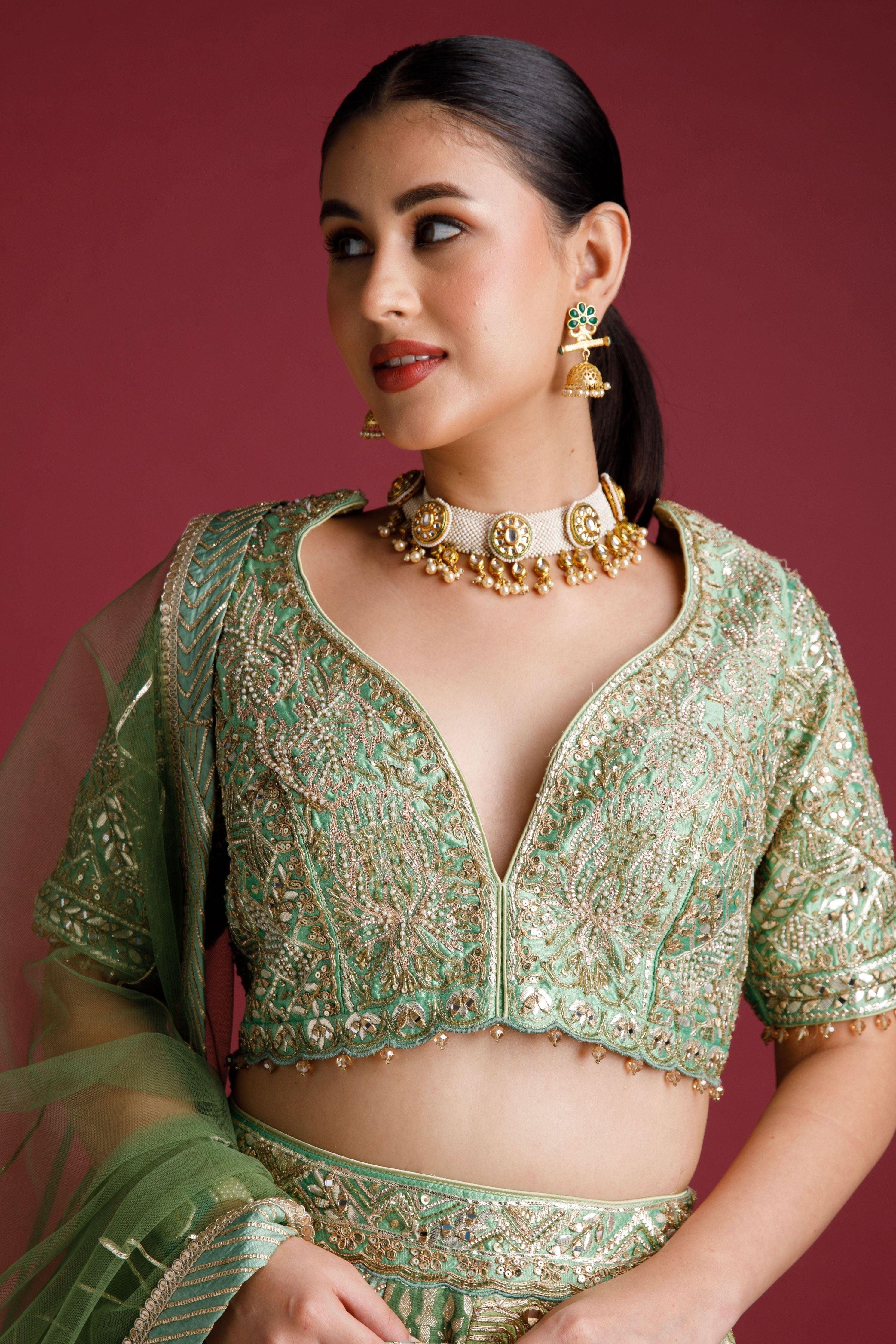 Moss Green Banarasi Silk Lehenga - Mokshaa