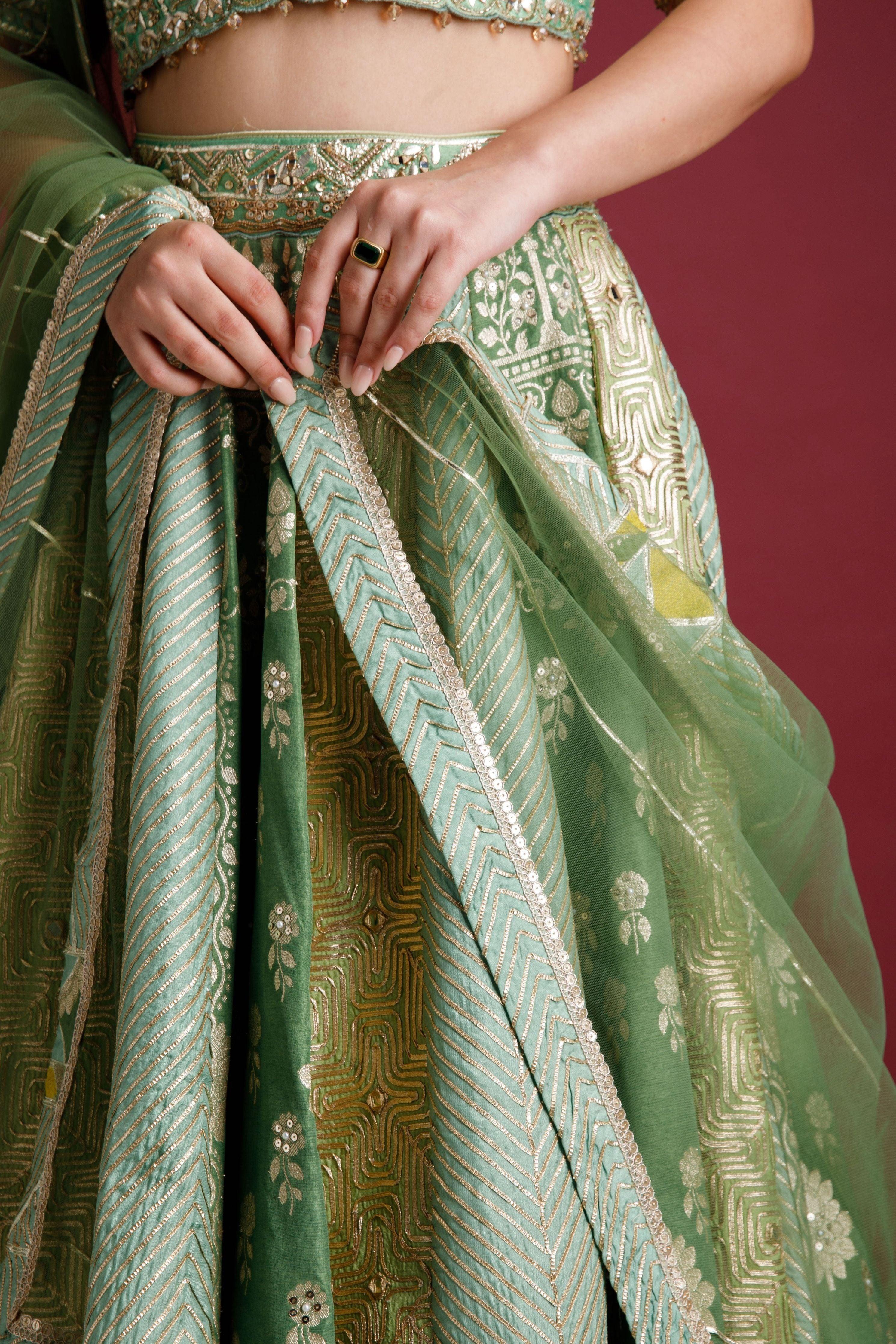 Moss Green Banarasi Silk Lehenga - Mokshaa