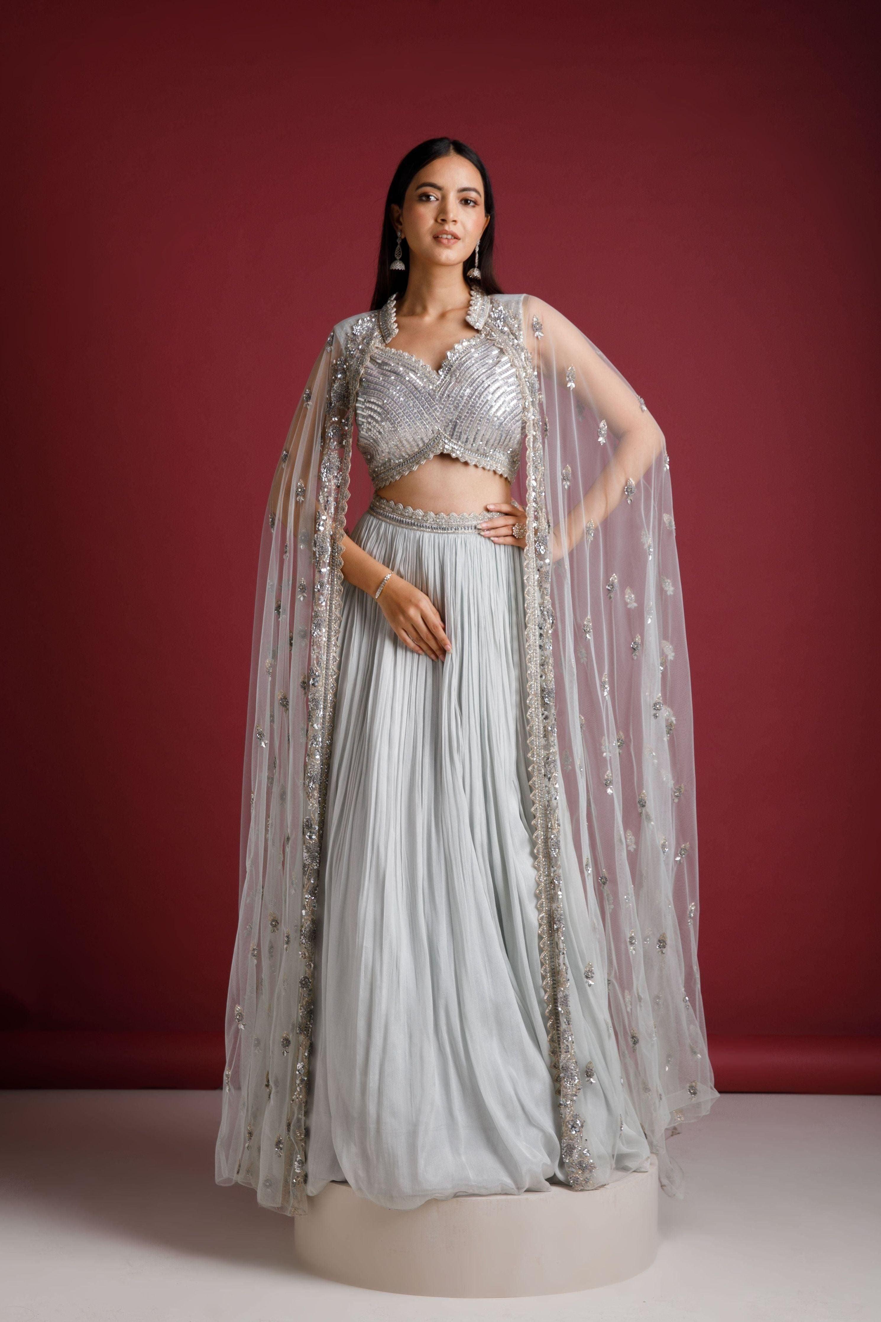 Light Blue Jacket Lehenga Set - Mokshaa