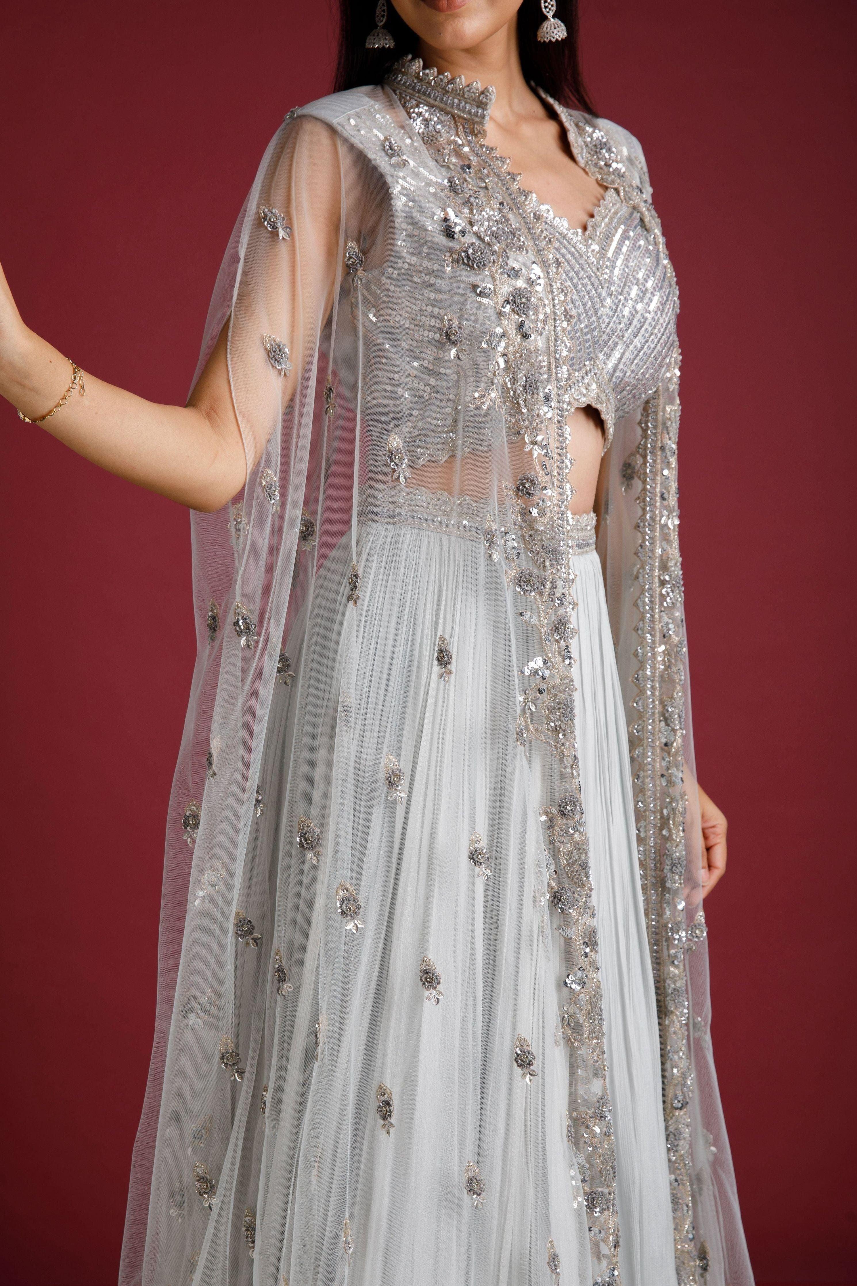 Light Blue Jacket Lehenga Set - Mokshaa