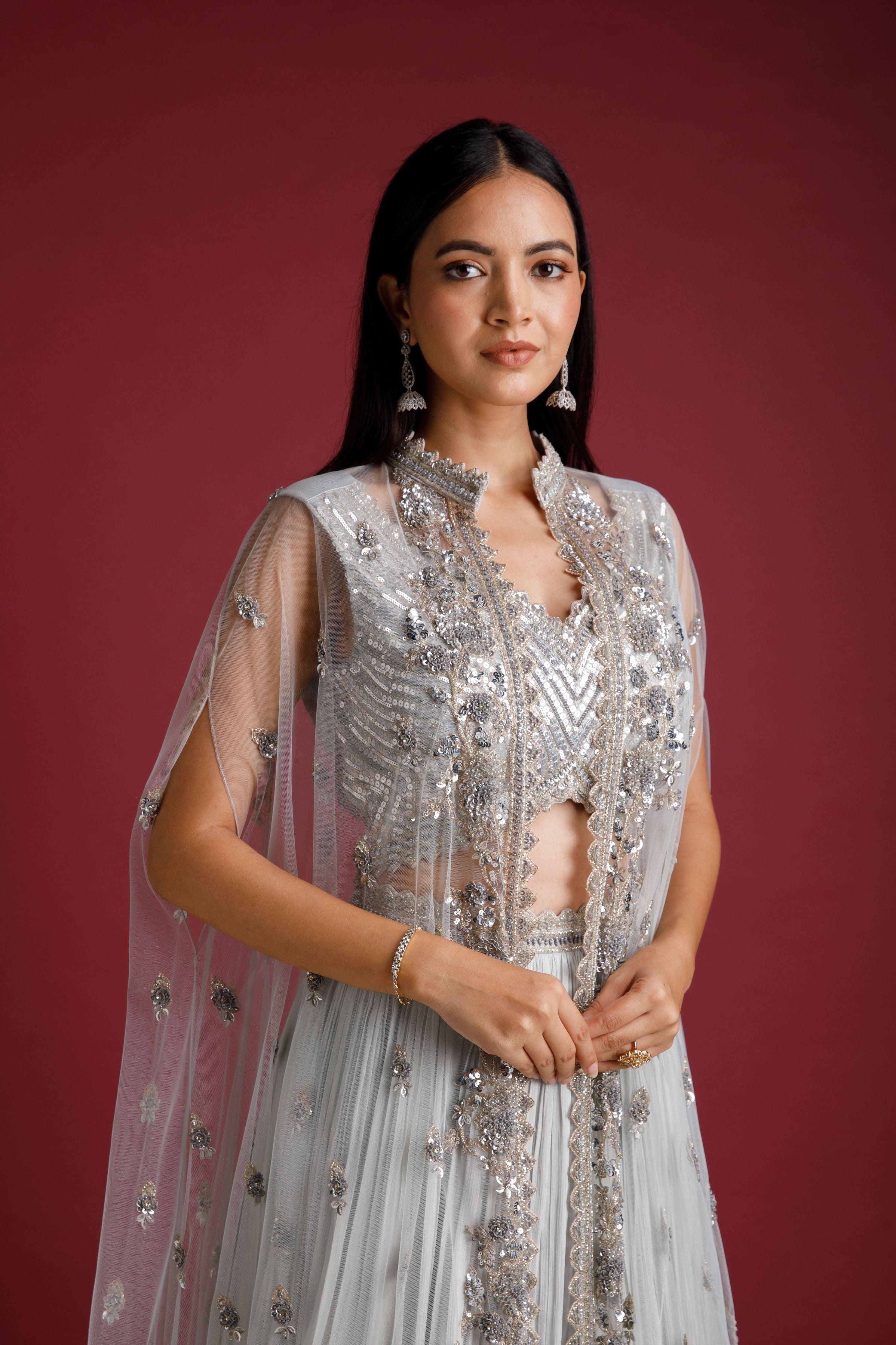 Light Blue Jacket Lehenga Set - Mokshaa
