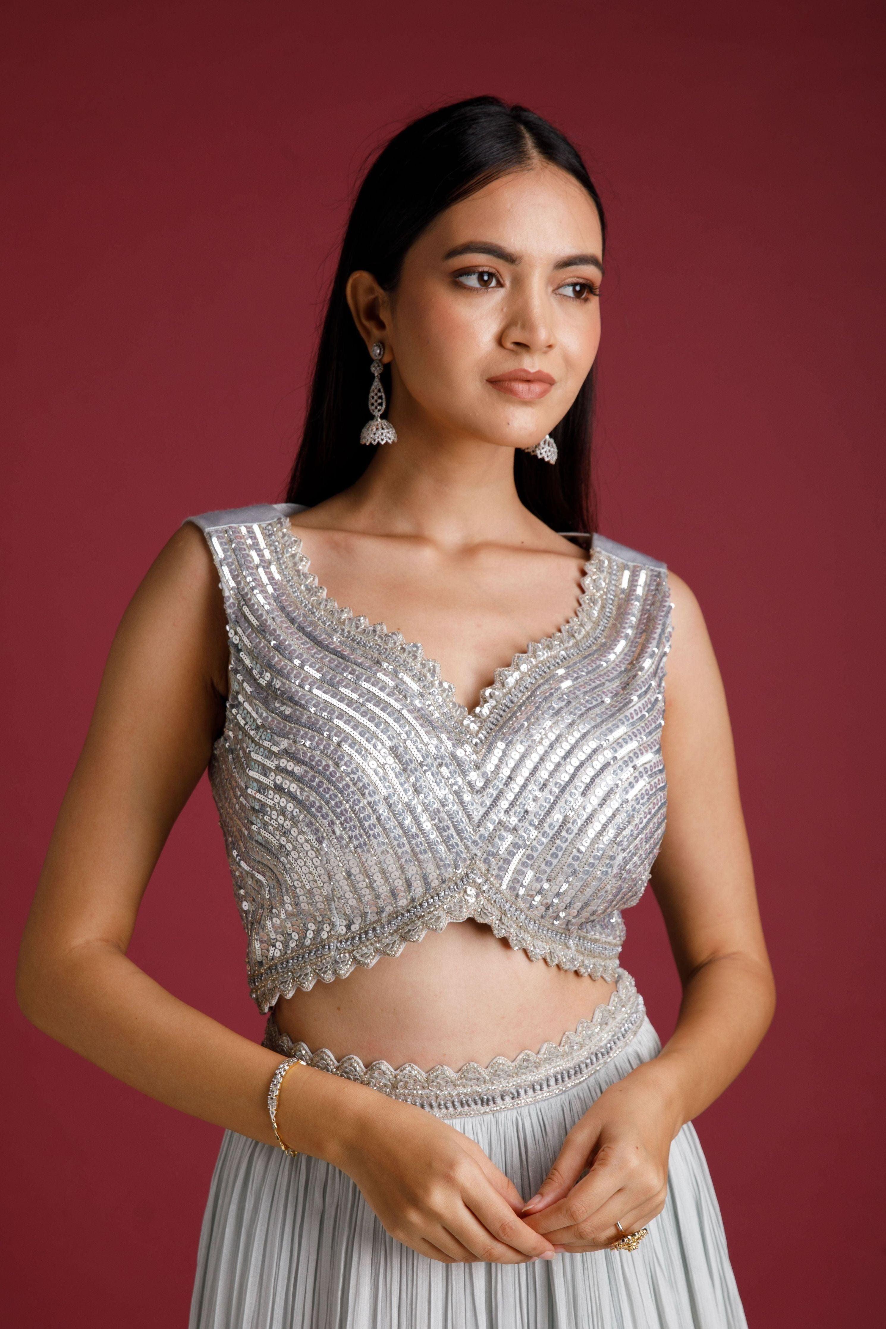 Light Blue Jacket Lehenga Set - Mokshaa
