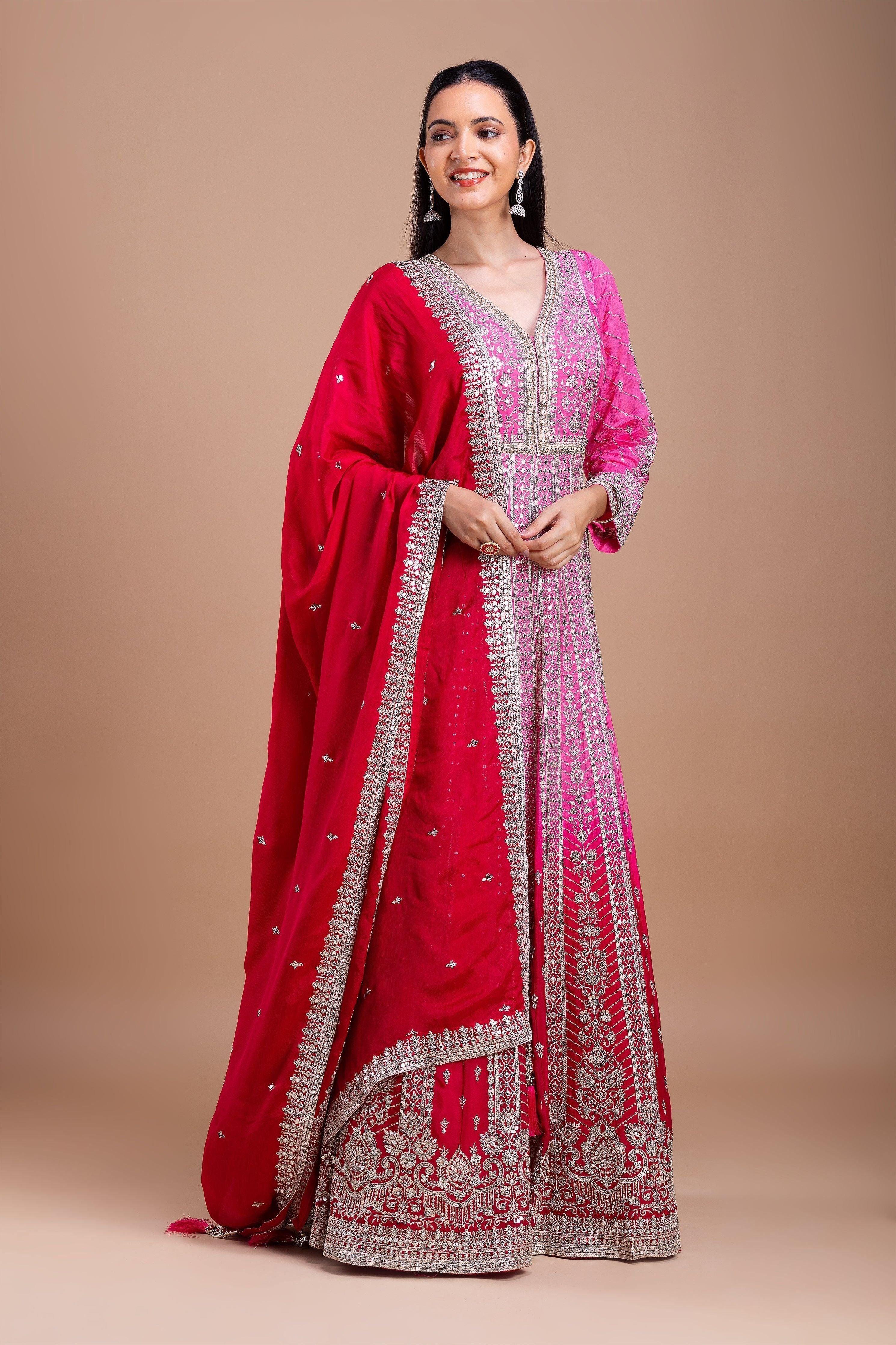 Pink And Red Embroidered Anarkali Set - Mokshaa