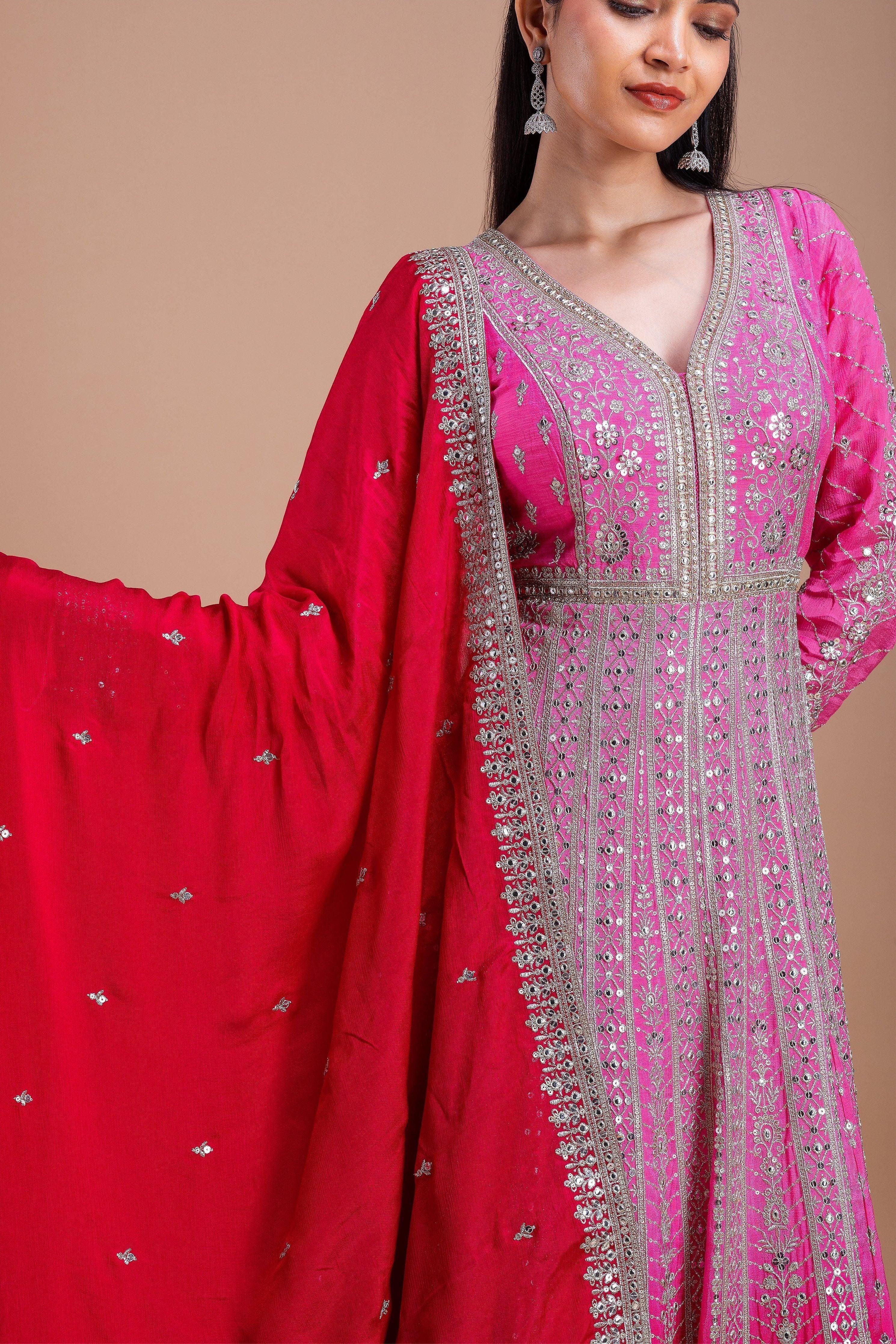 Pink And Red Embroidered Anarkali Set - Mokshaa