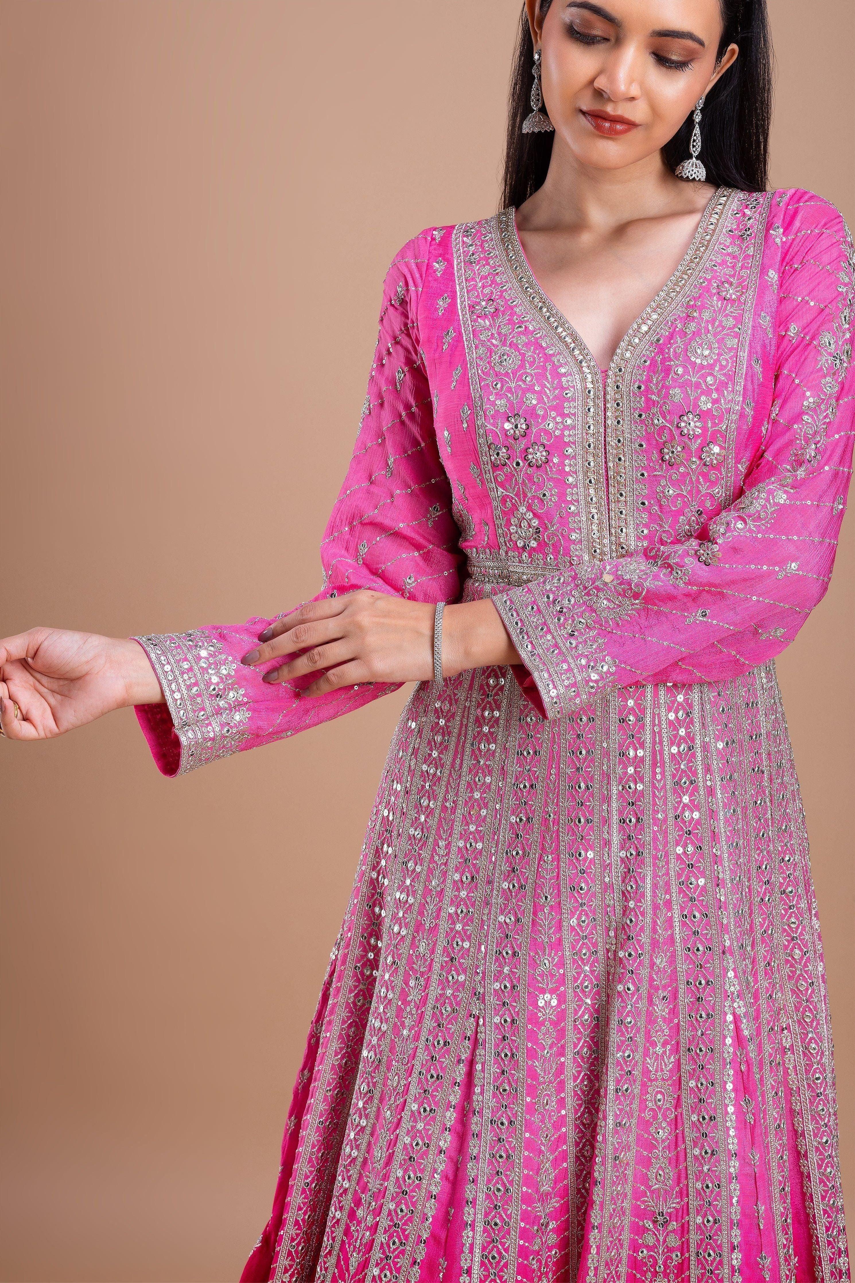 Pink And Red Embroidered Anarkali Set - Mokshaa
