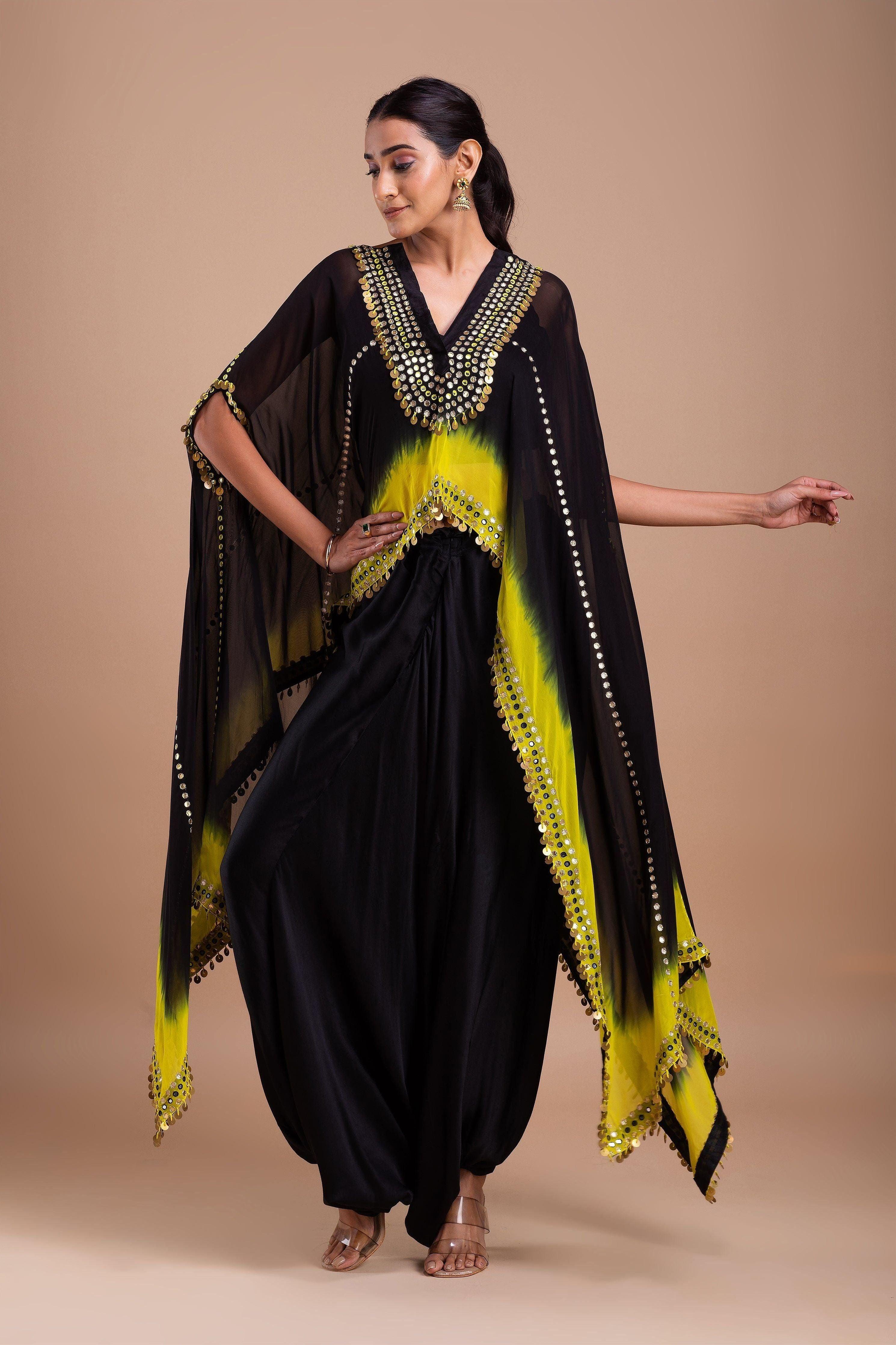 Black And Vibrant Yellow Ombre Indowestern Set - Mokshaa
