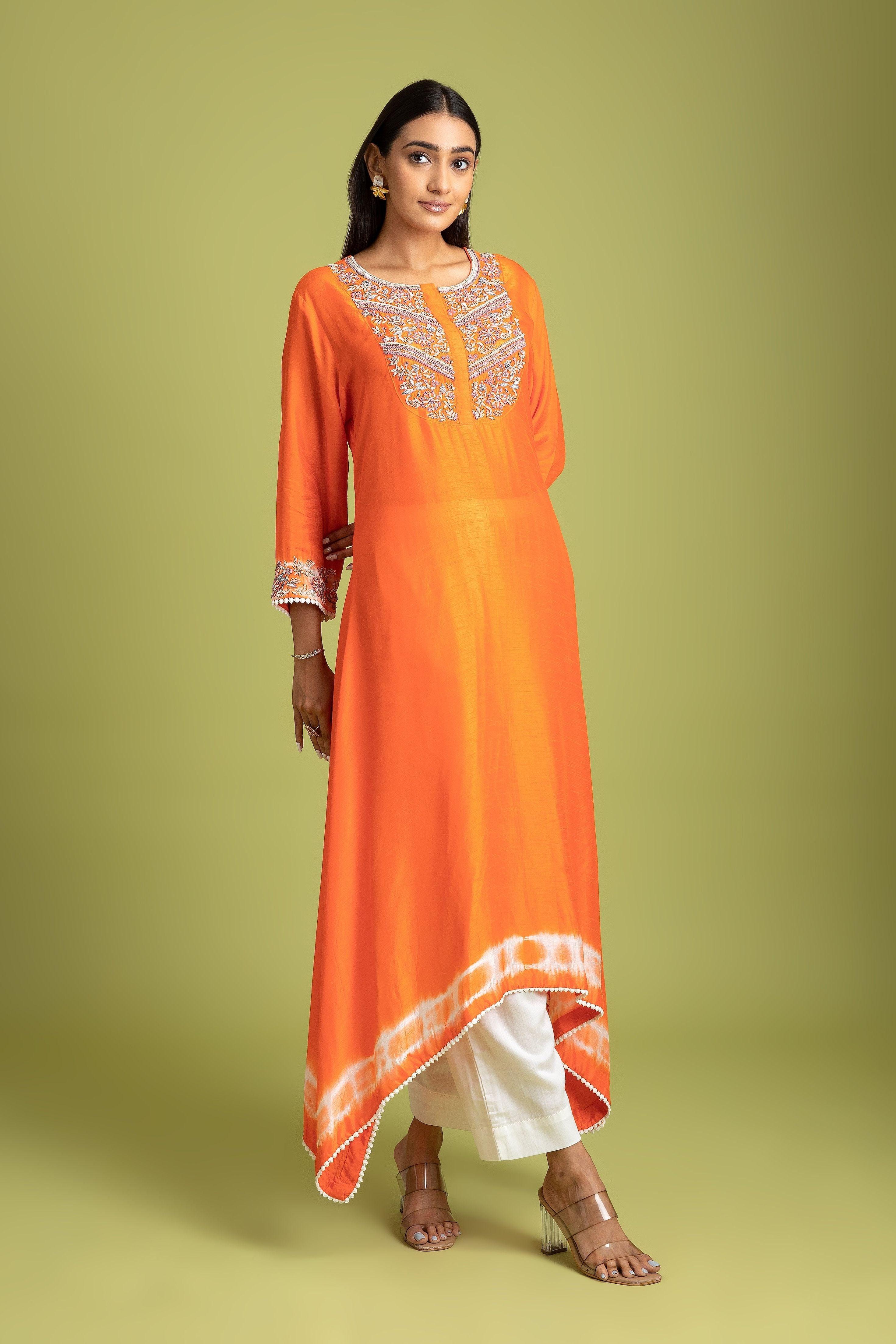 Orange Tie-Dye Embroidered Kurti Set - Mokshaa