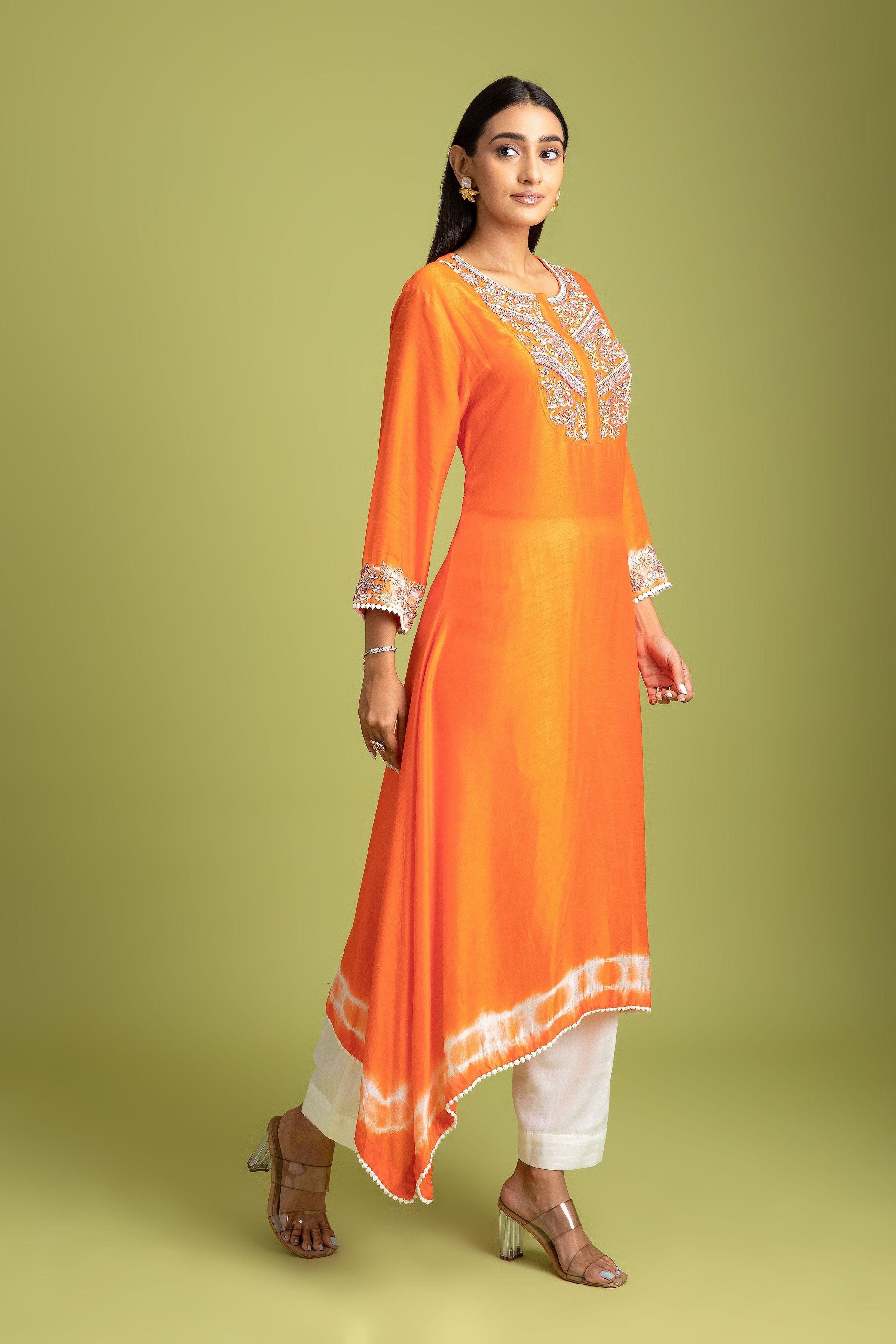 Orange Tie-Dye Embroidered Kurti Set - Mokshaa