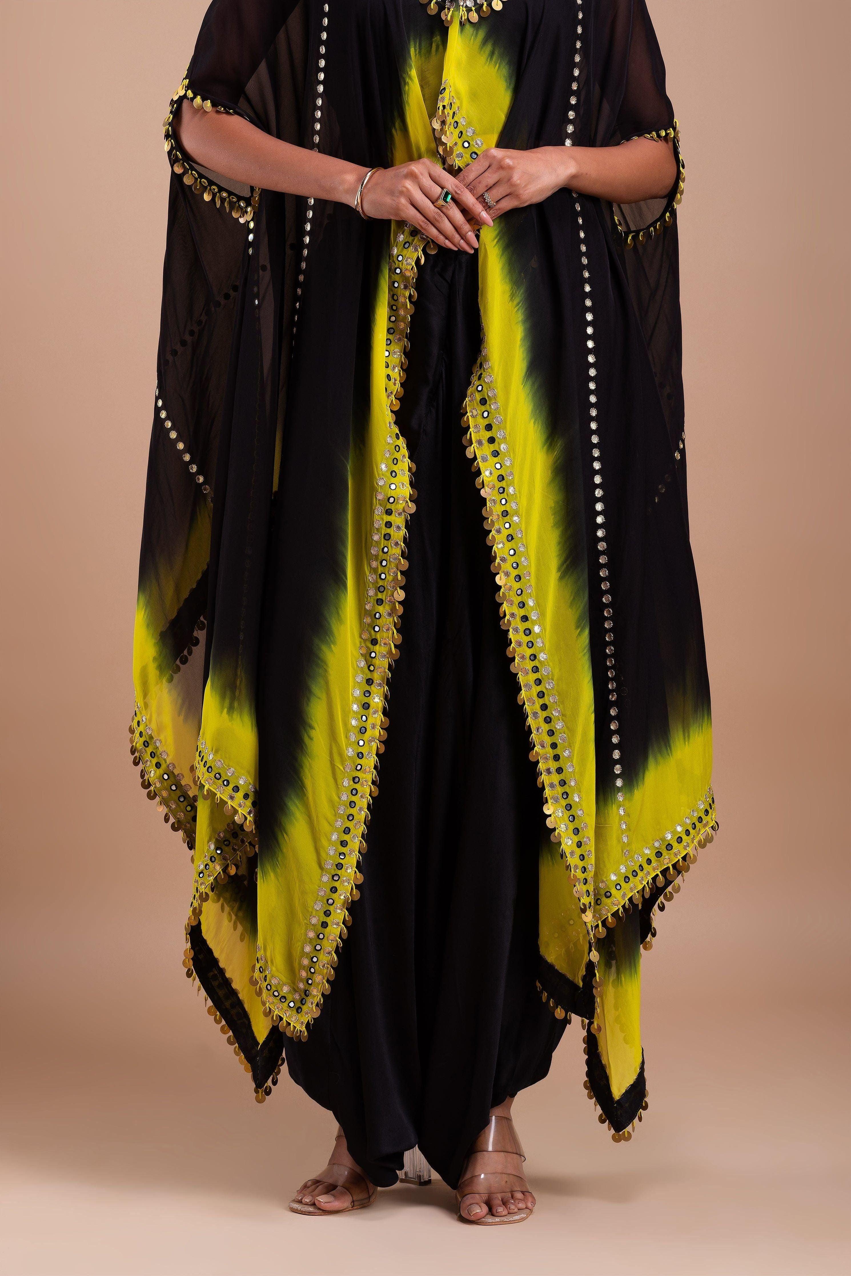 Black And Vibrant Yellow Ombre Indowestern Set - Mokshaa