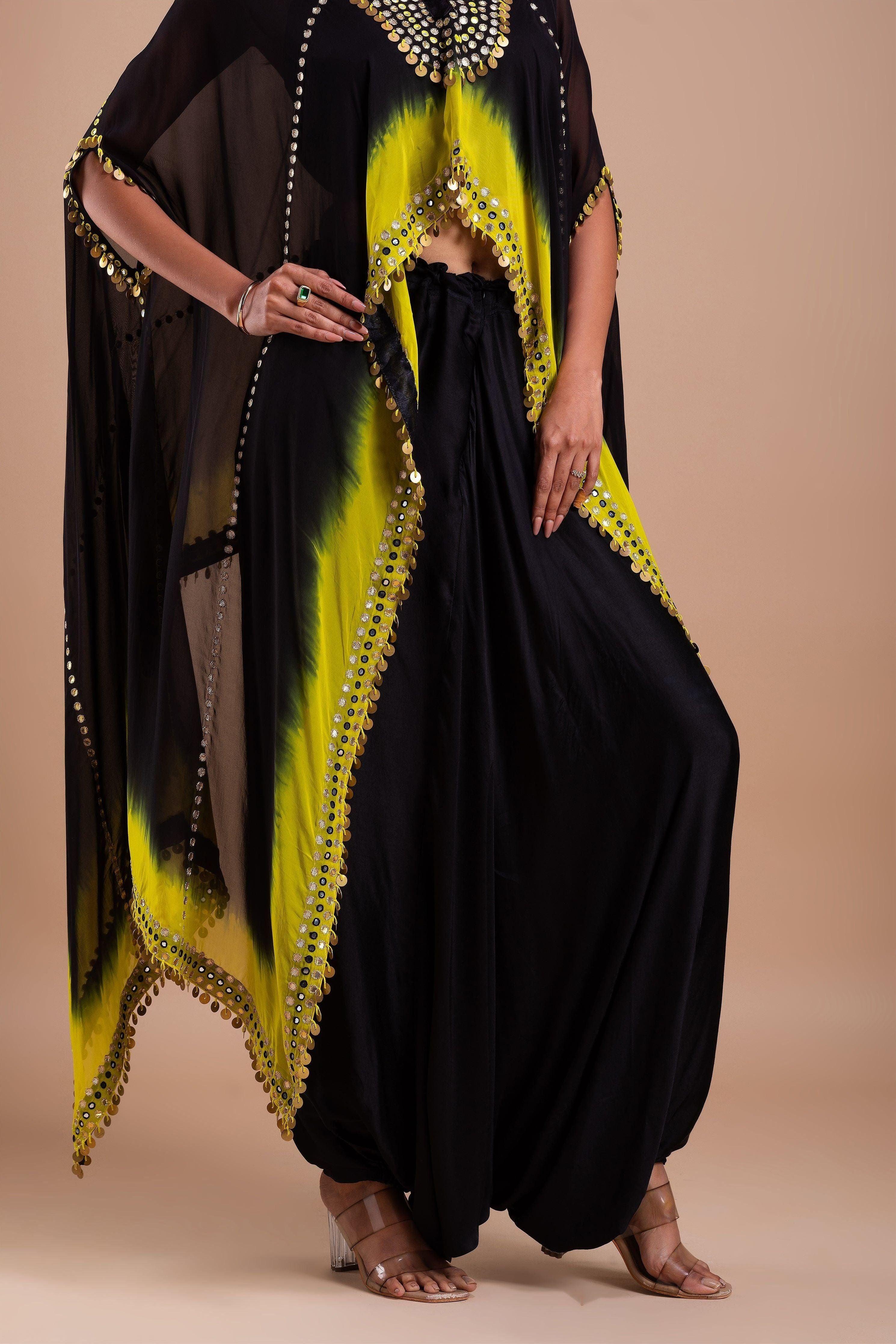 Black And Vibrant Yellow Ombre Indowestern Set - Mokshaa