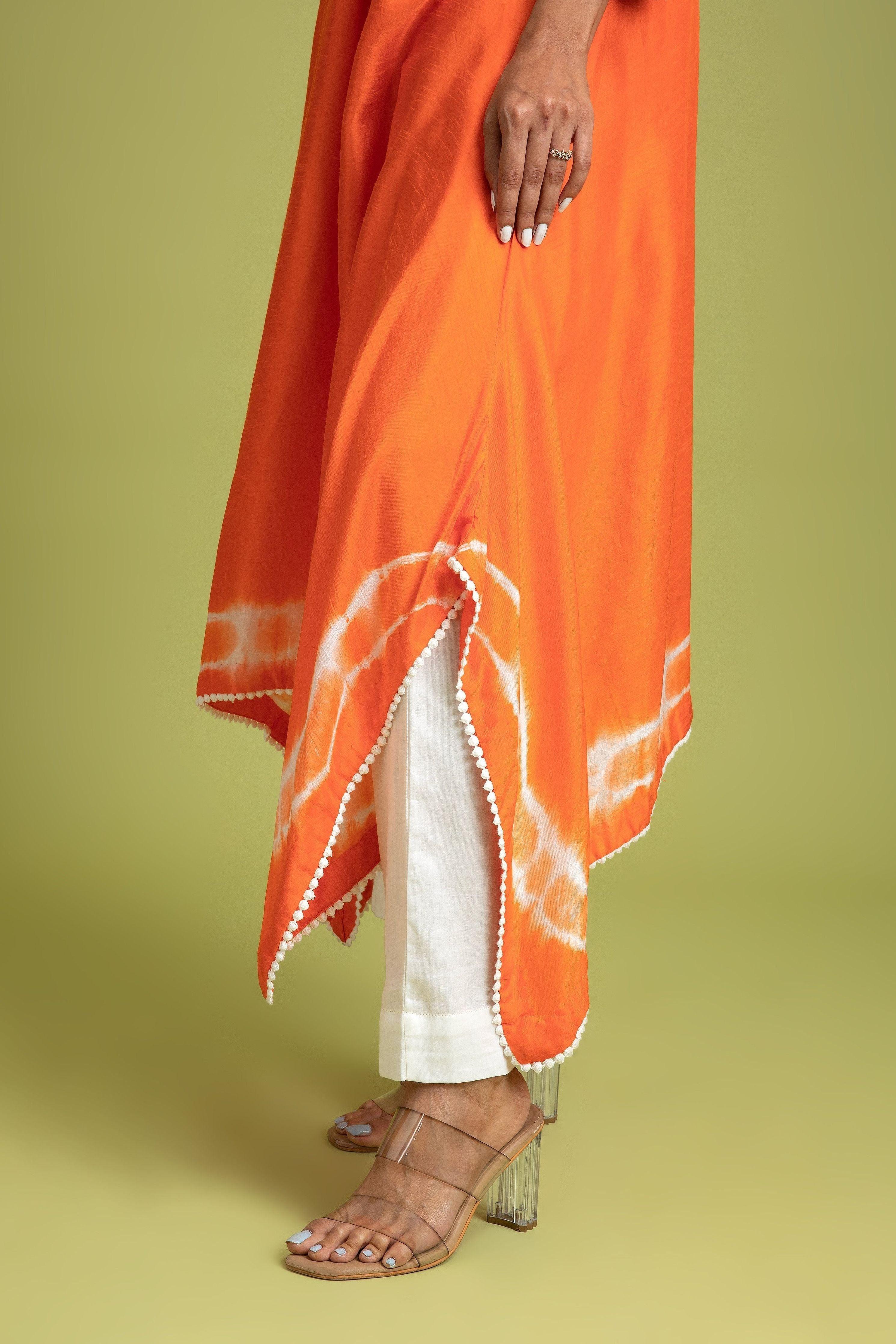 Orange Tie-Dye Embroidered Kurti Set - Mokshaa