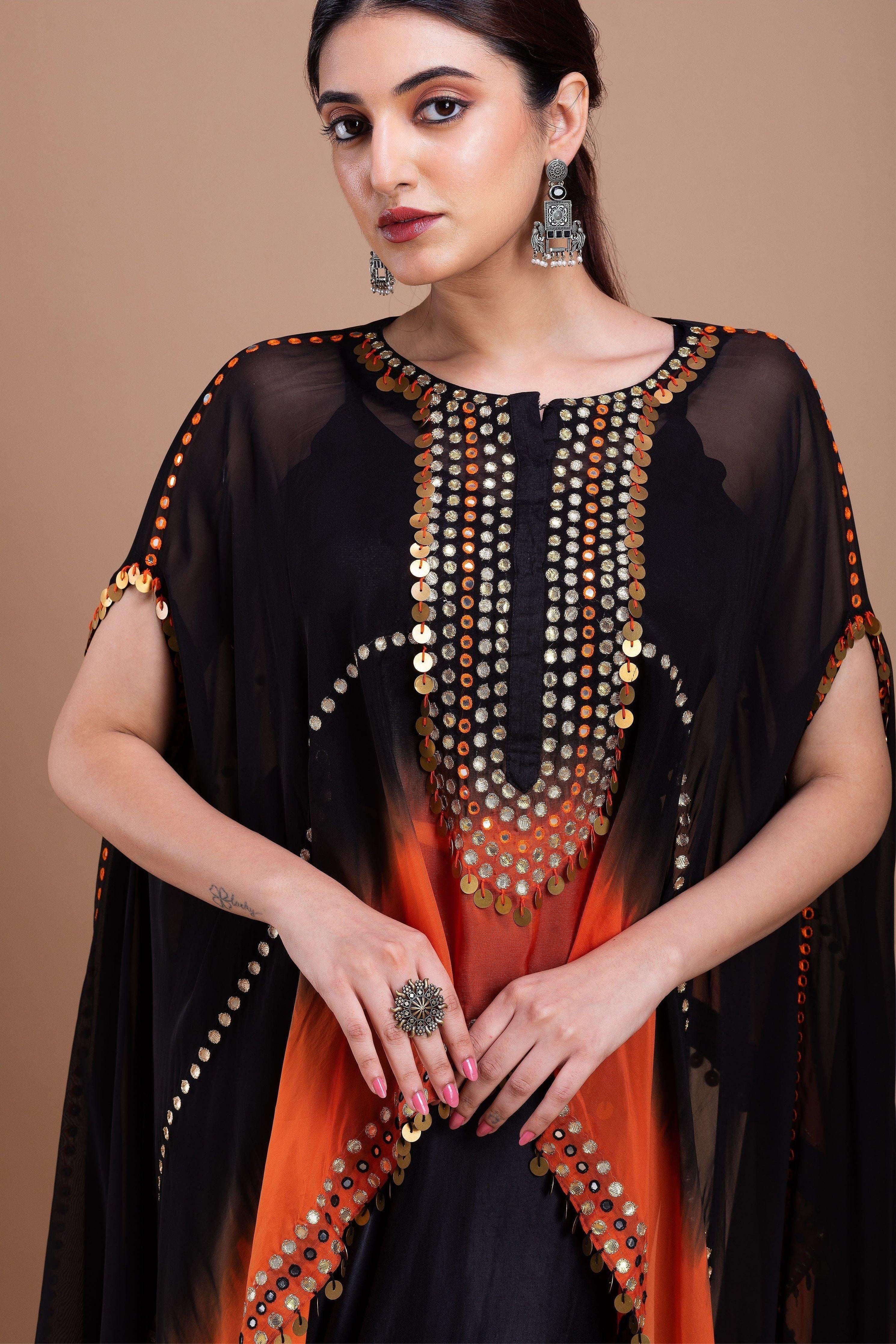 Black And Orange Ombre Indowestern Set - Mokshaa