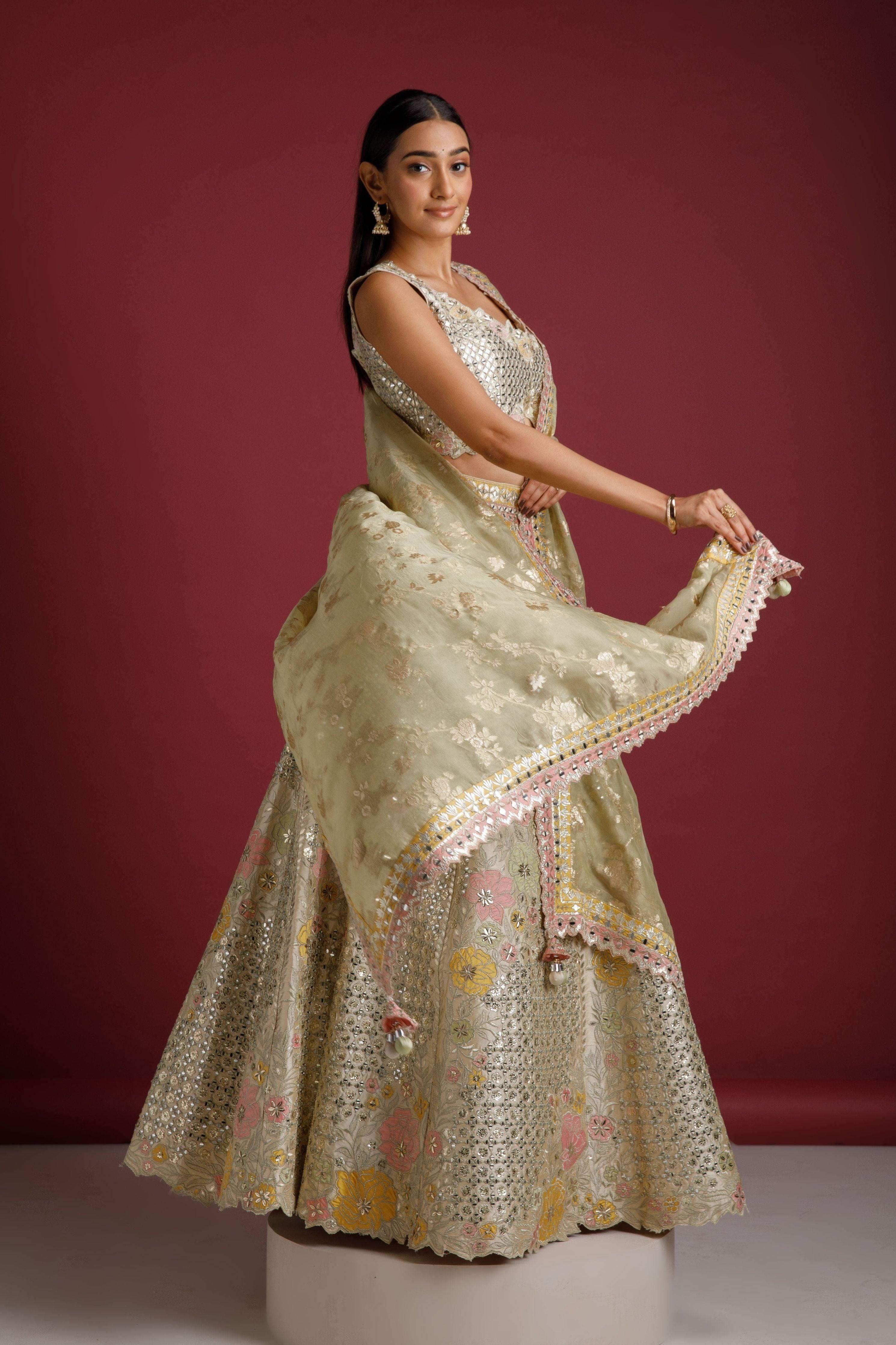 Ivory Lehenga With Mirror Work - Mokshaa