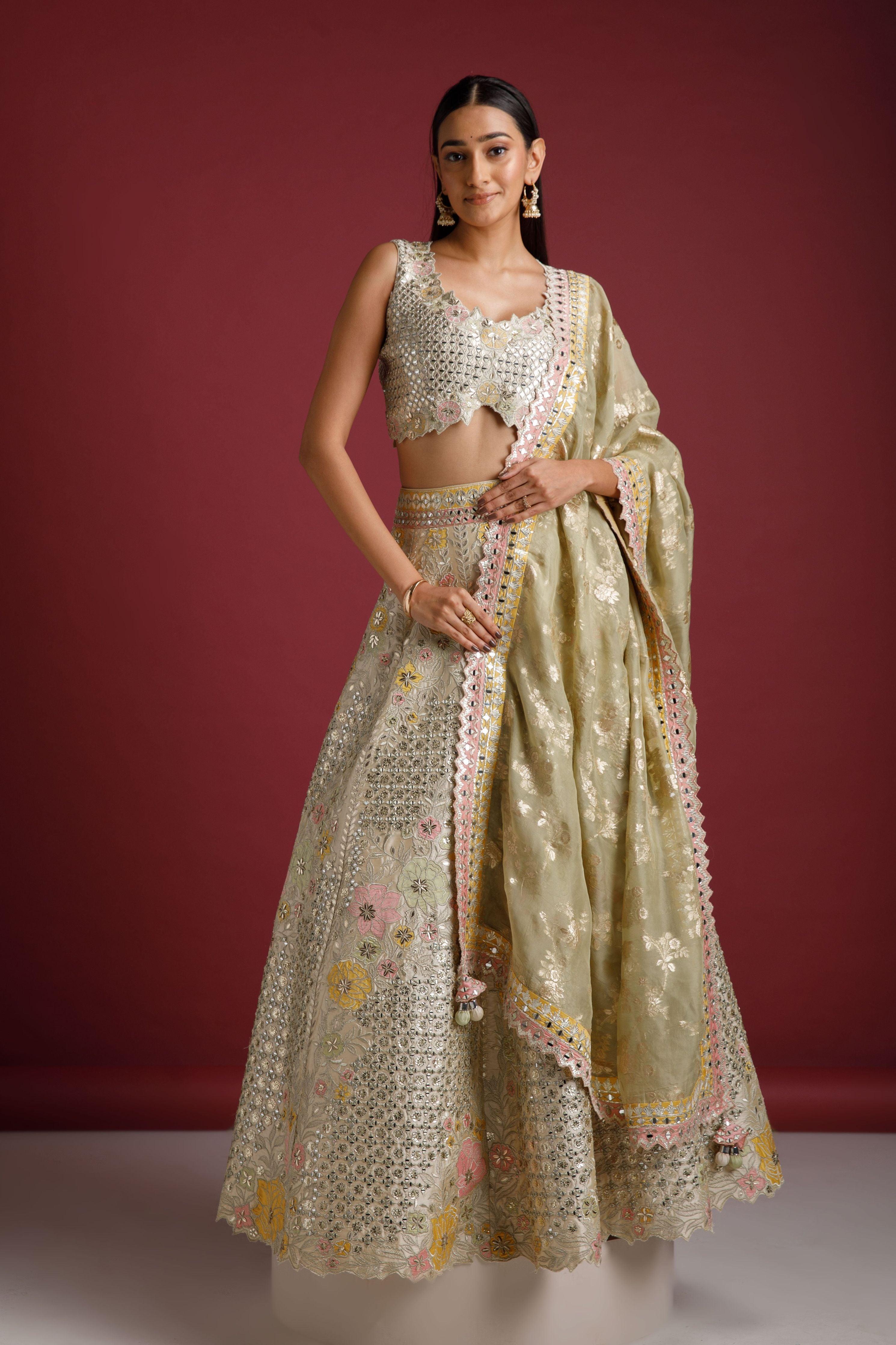 Ivory Lehenga With Mirror Work - Mokshaa