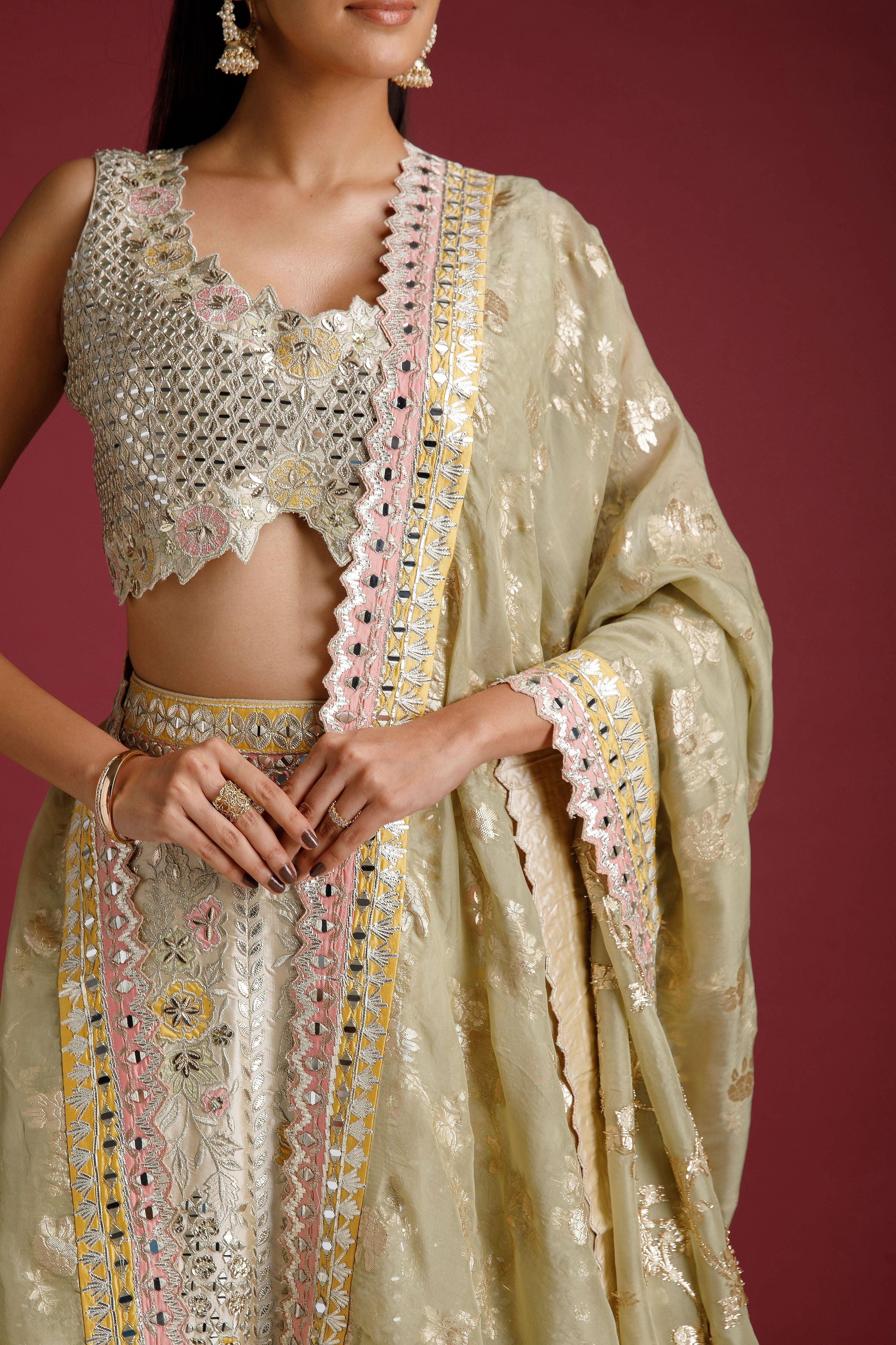 Ivory Lehenga With Mirror Work - Mokshaa