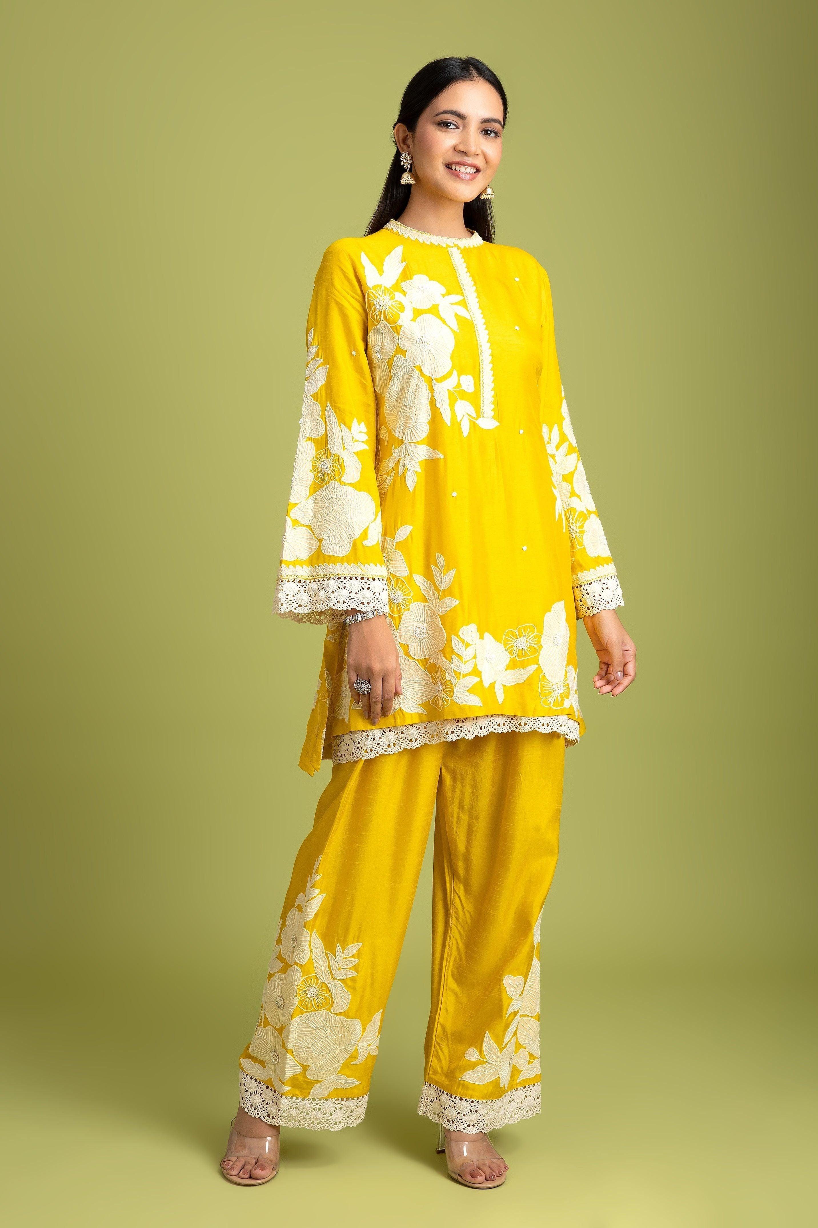 Yellow Silk Short Kurta And Trousers Set - Mokshaa