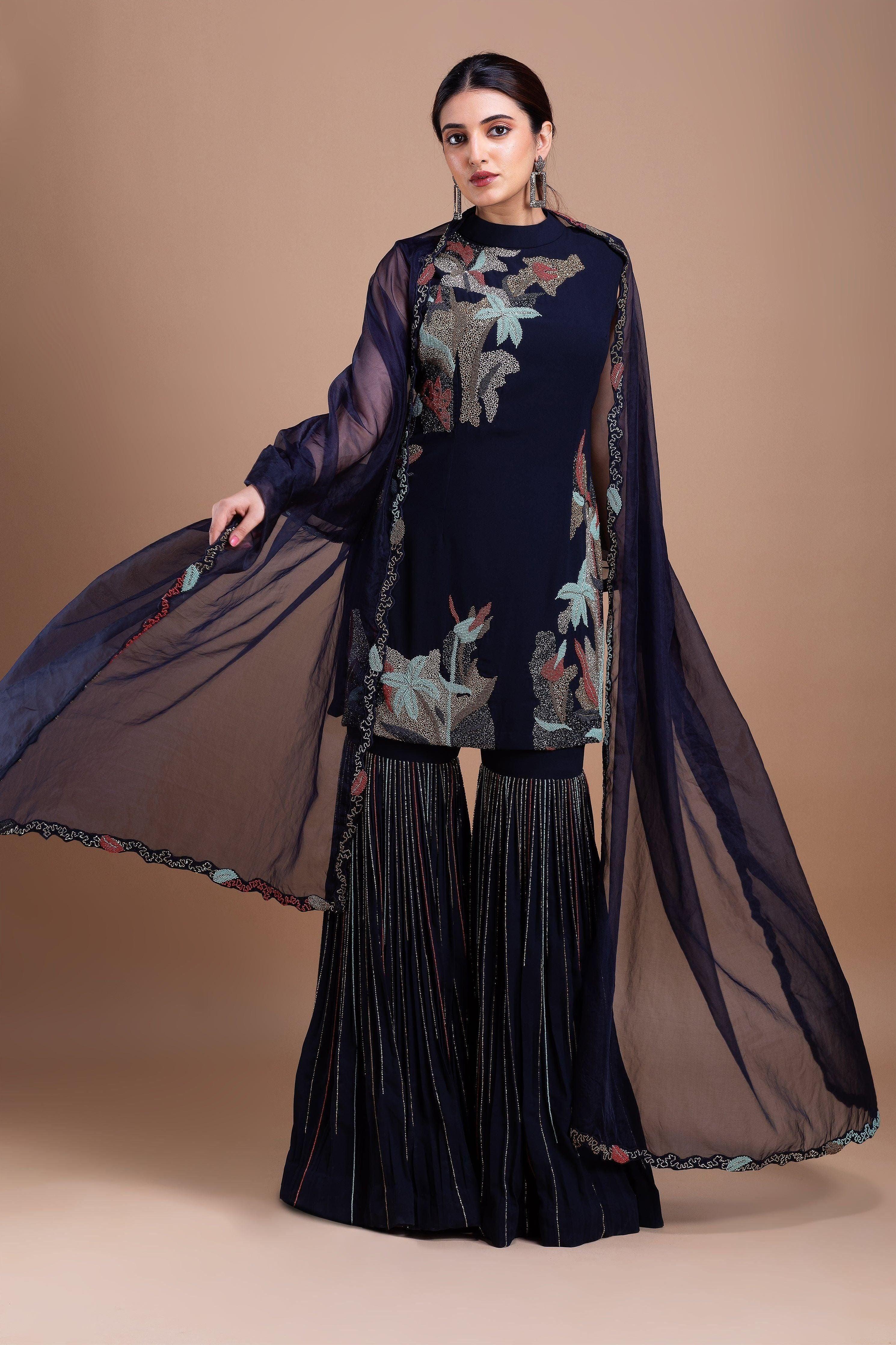 Black Cheed Floral Sharara Suit Set - Mokshaa