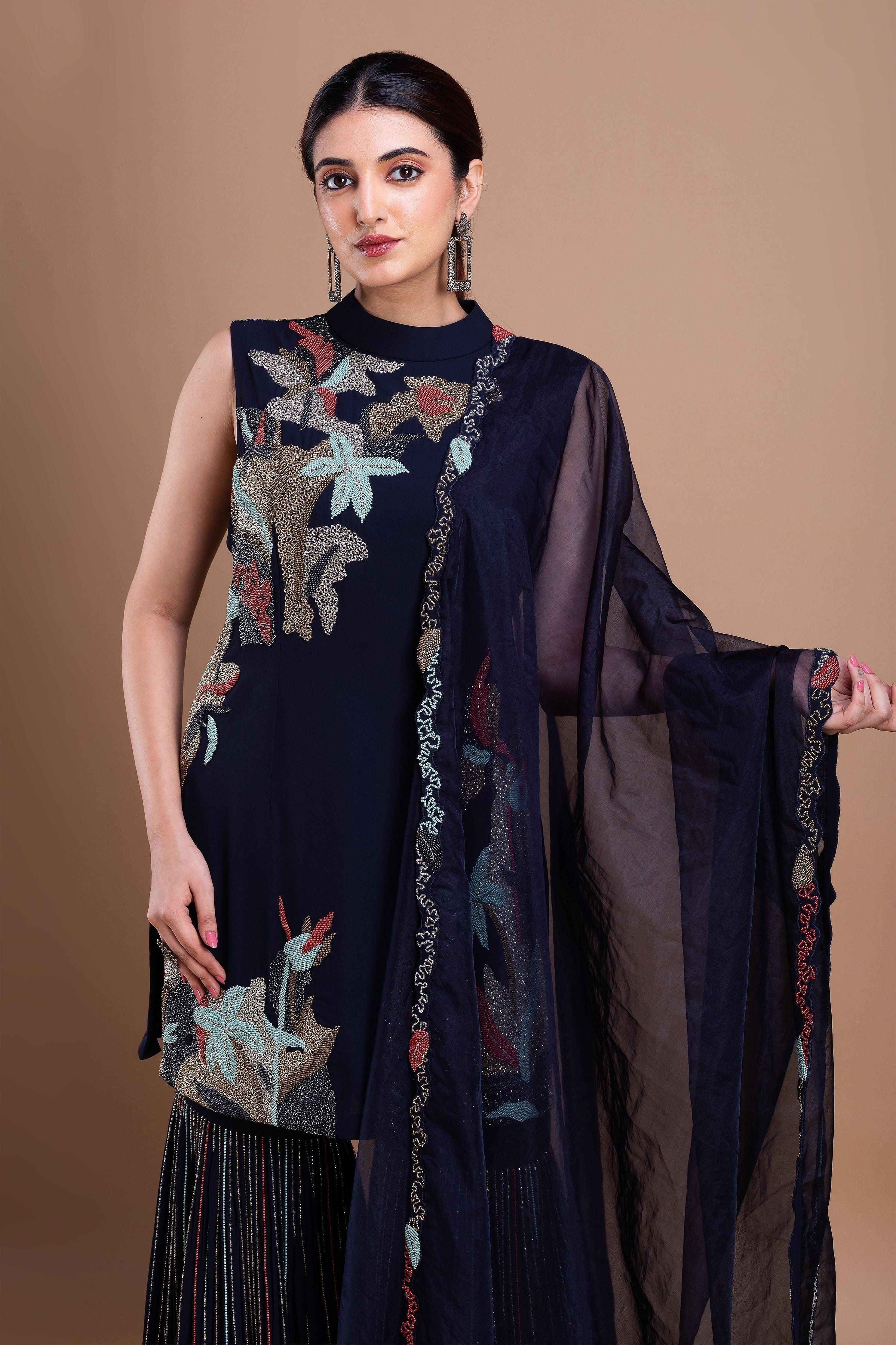 Black Cheed Floral Sharara Suit Set - Mokshaa