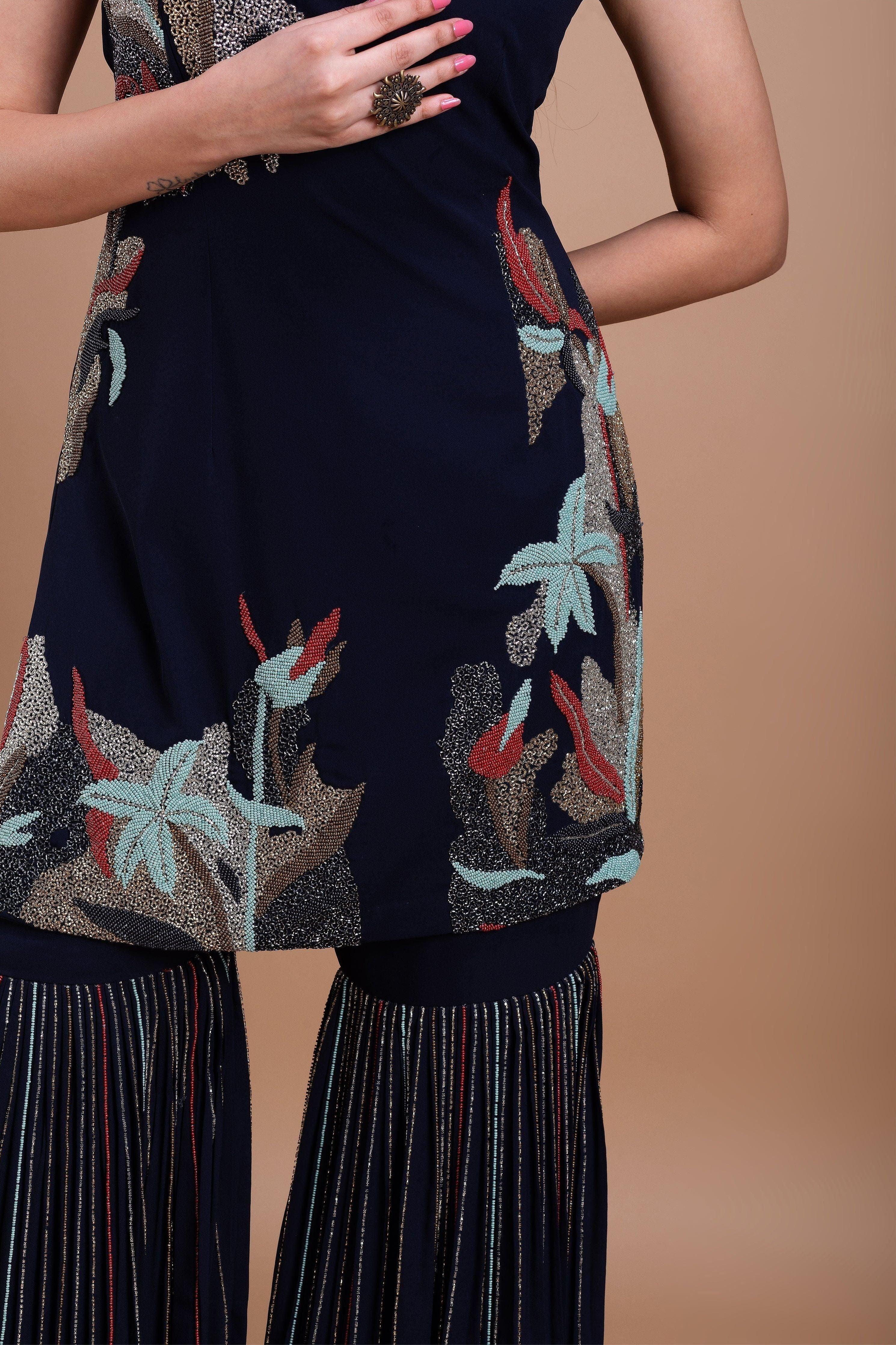 Black Cheed Floral Sharara Suit Set - Mokshaa