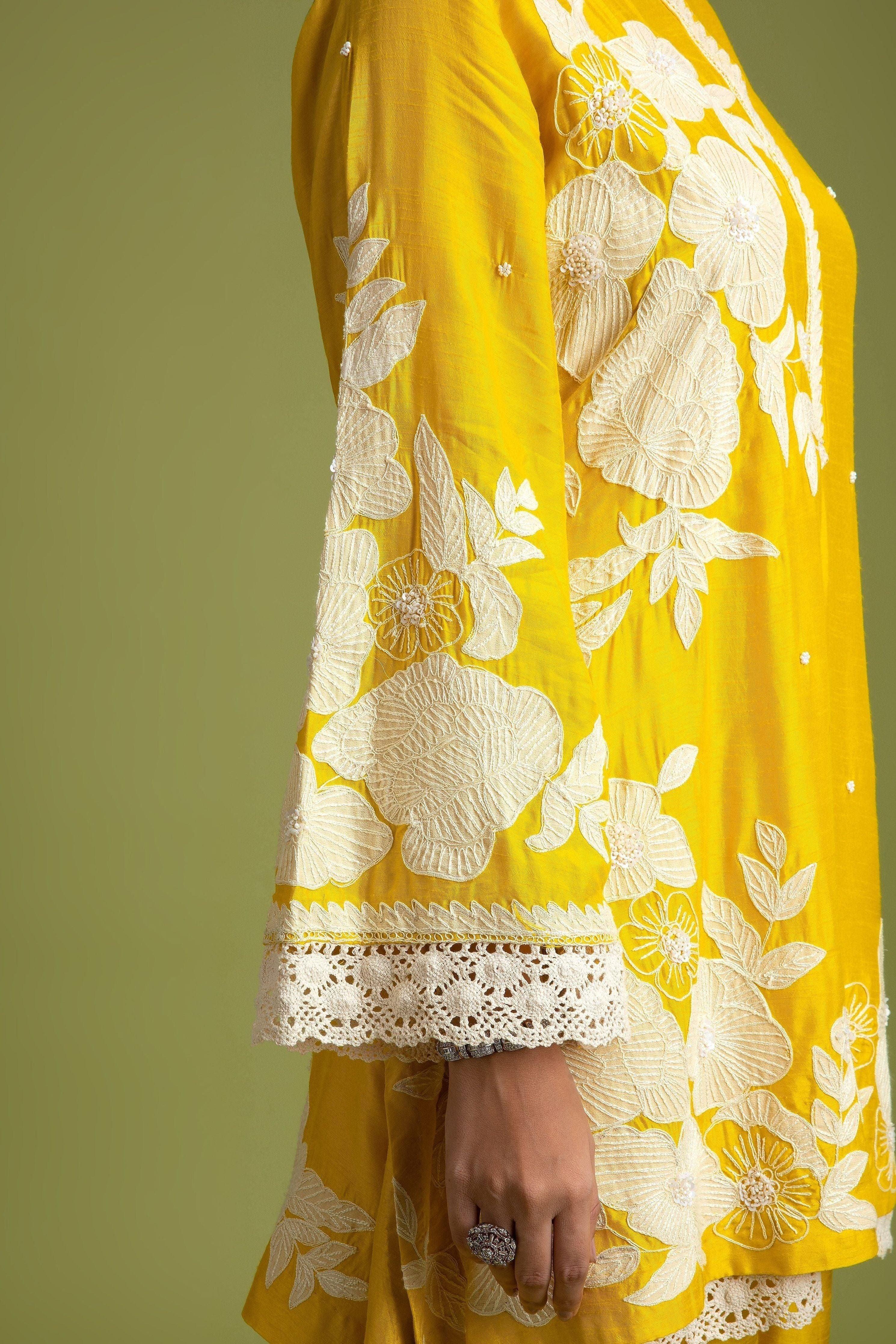 Yellow Silk Short Kurta And Trousers Set - Mokshaa