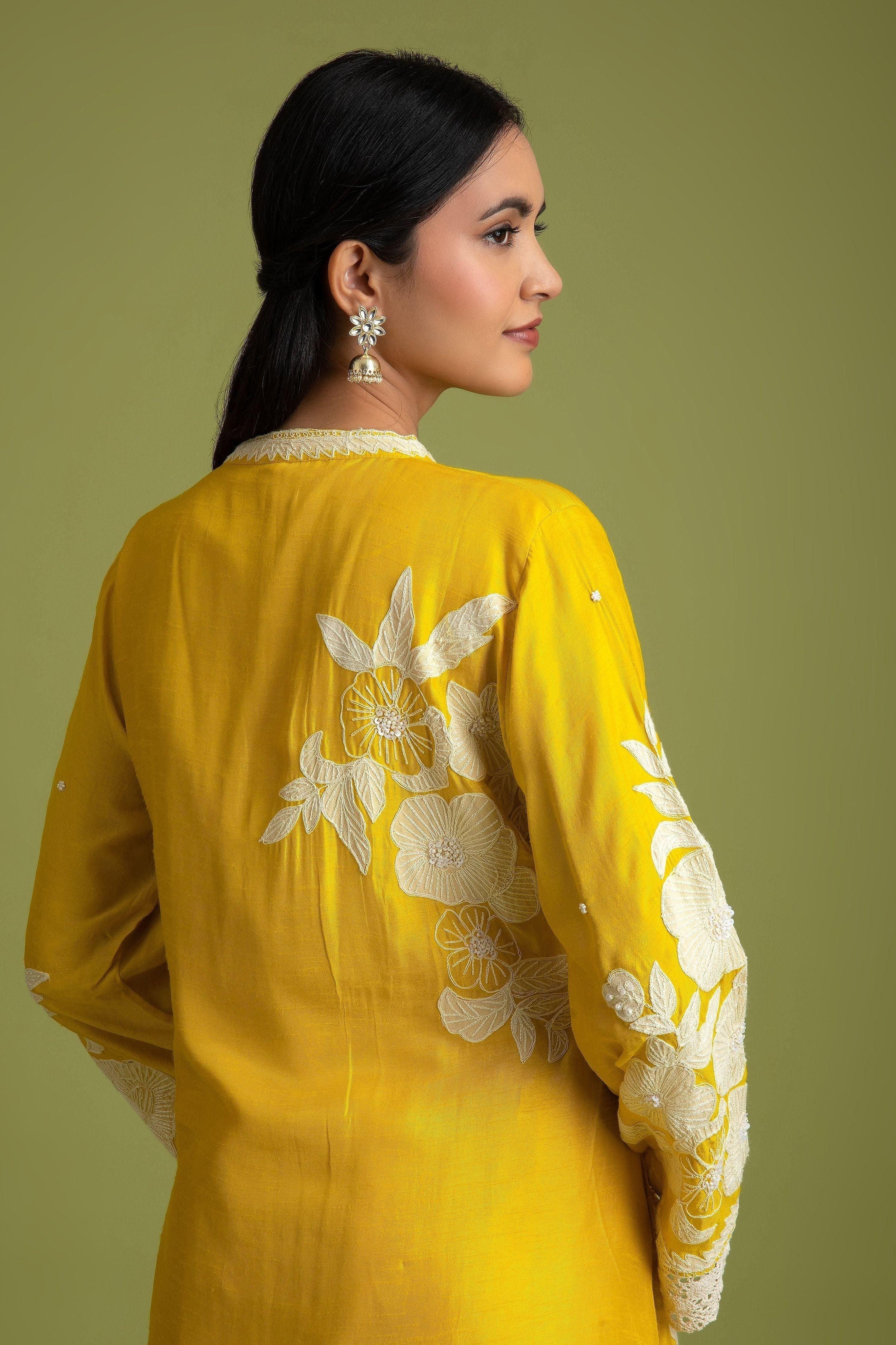 Yellow Silk Short Kurta And Trousers Set - Mokshaa