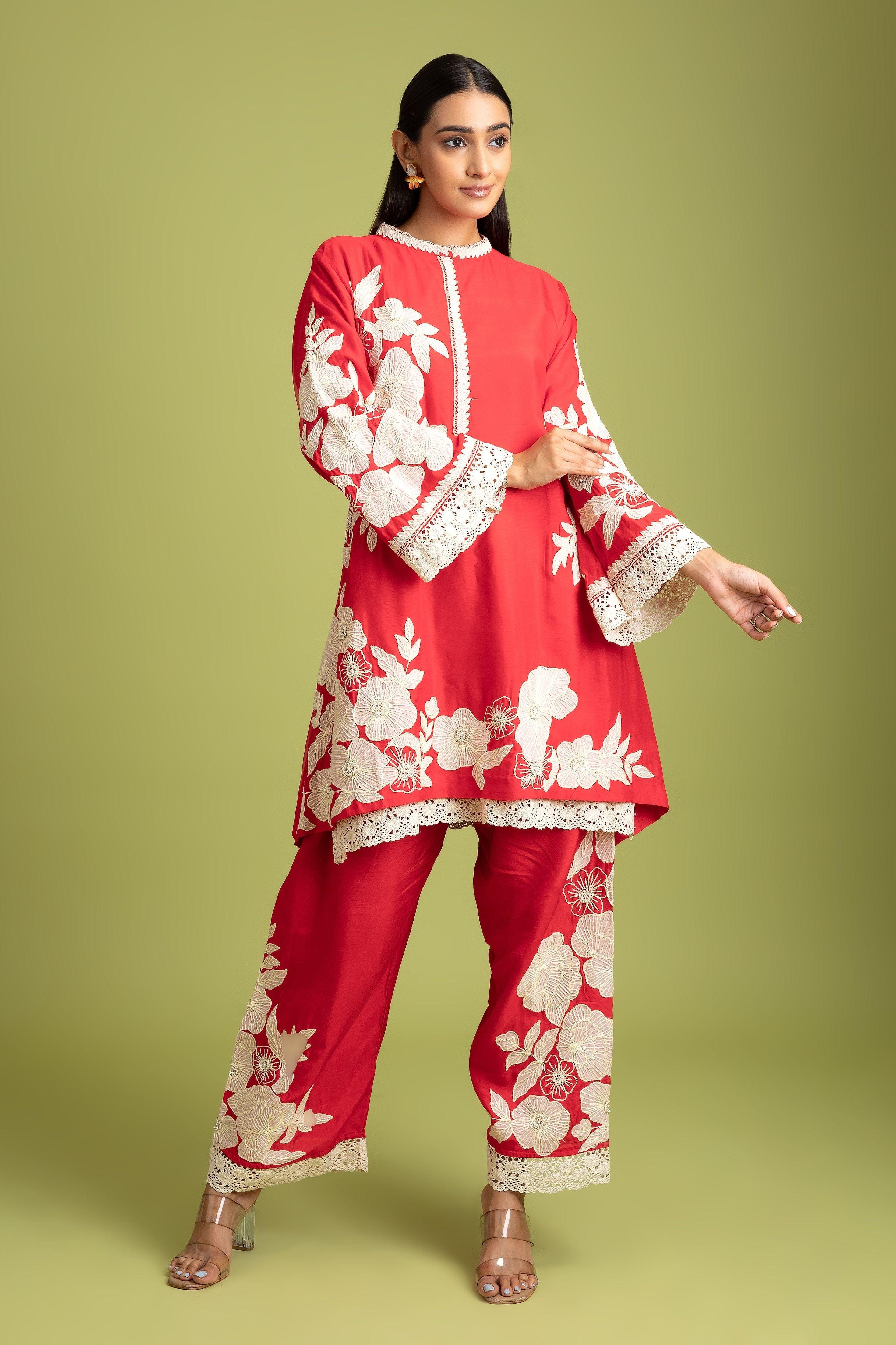 Red Silk Short Kurta And Trousers Set - Mokshaa
