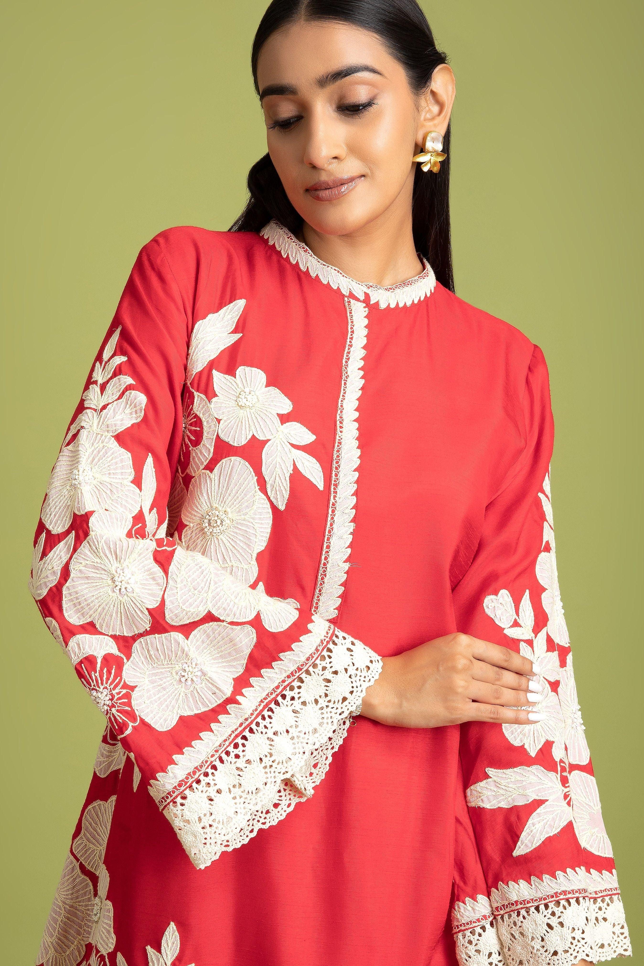 Red Silk Short Kurta And Trousers Set - Mokshaa