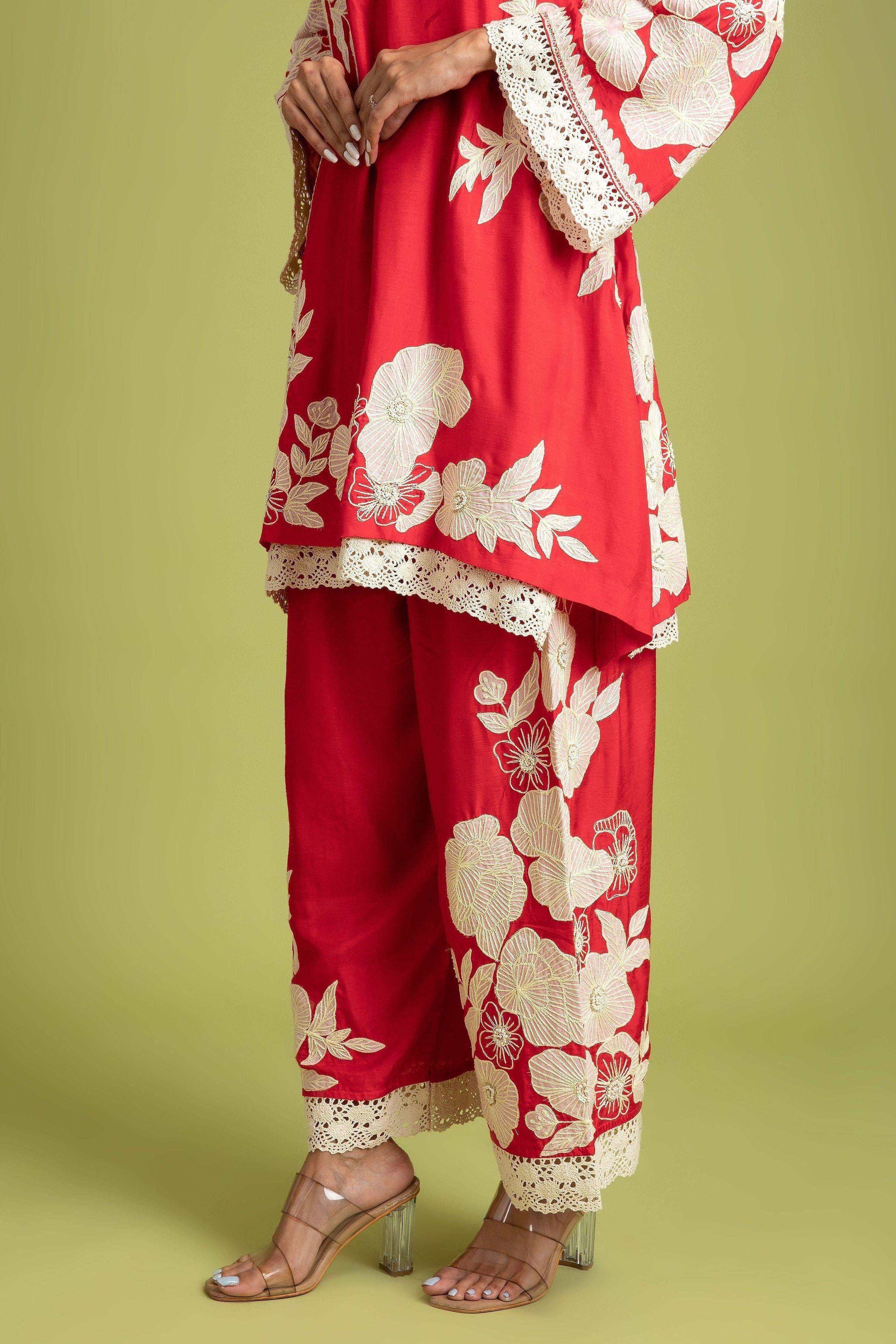 Red Silk Short Kurta And Trousers Set - Mokshaa