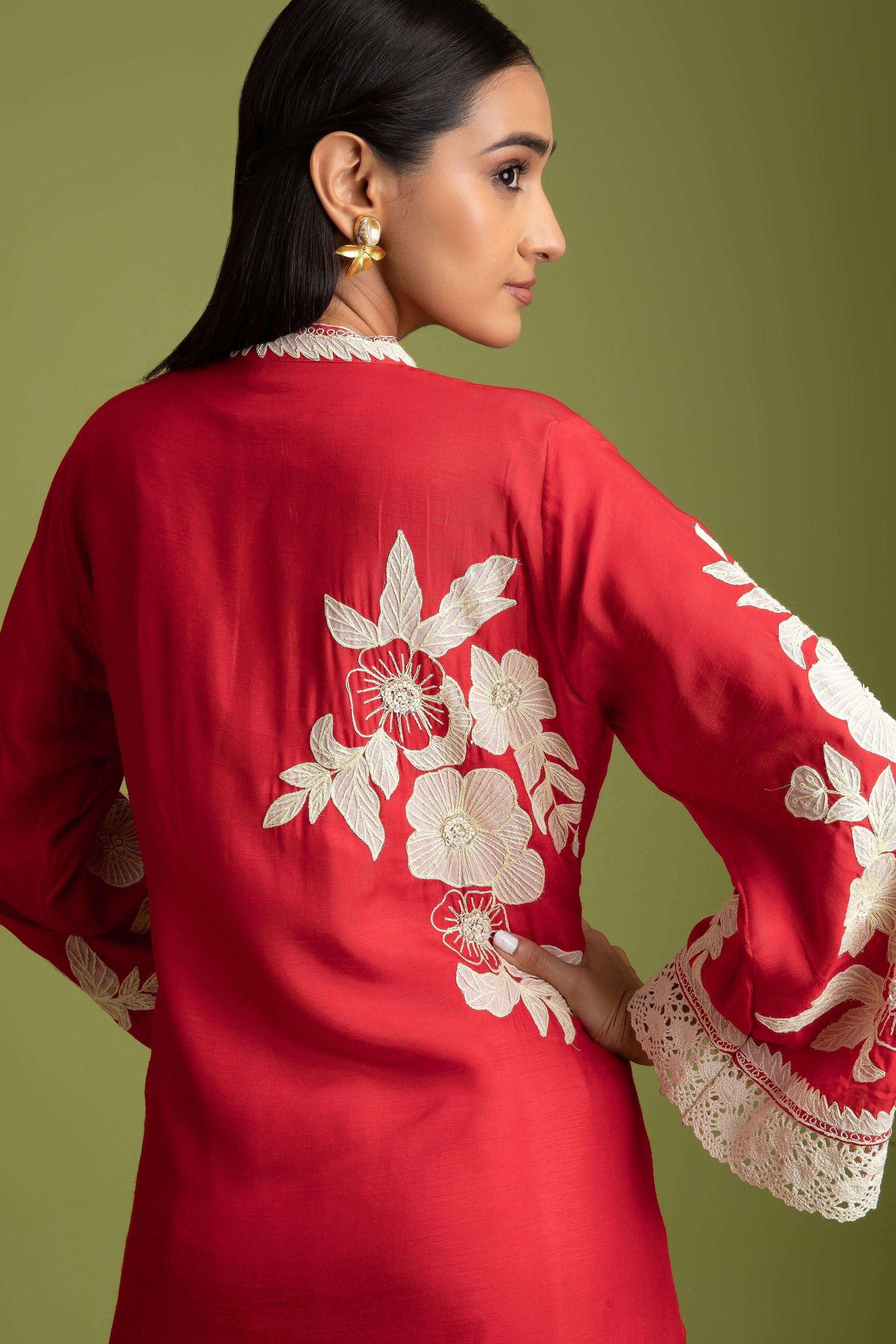 Red Silk Short Kurta And Trousers Set - Mokshaa