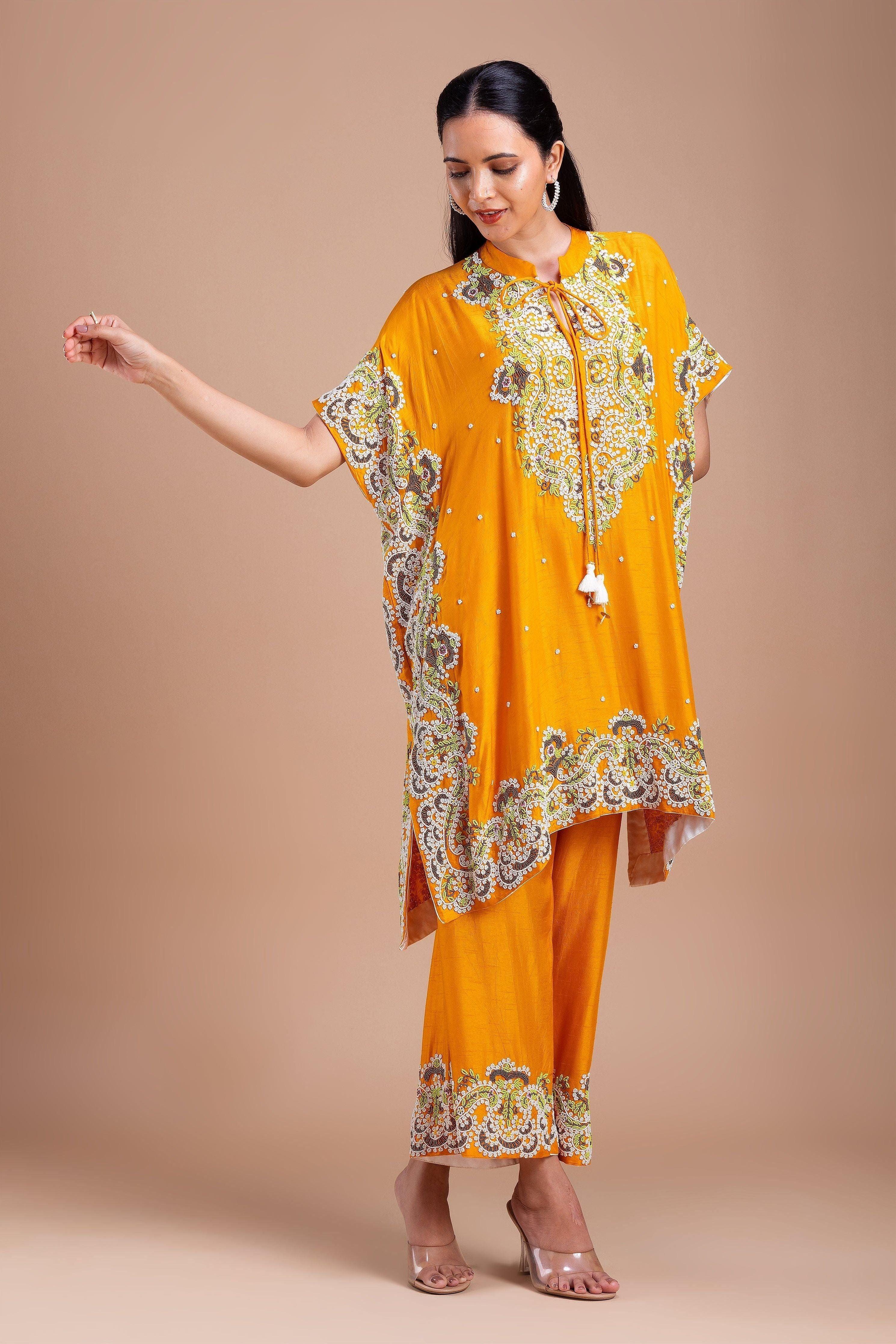 Mustard Yellow Kaftan Style Indowestern Set - Mokshaa
