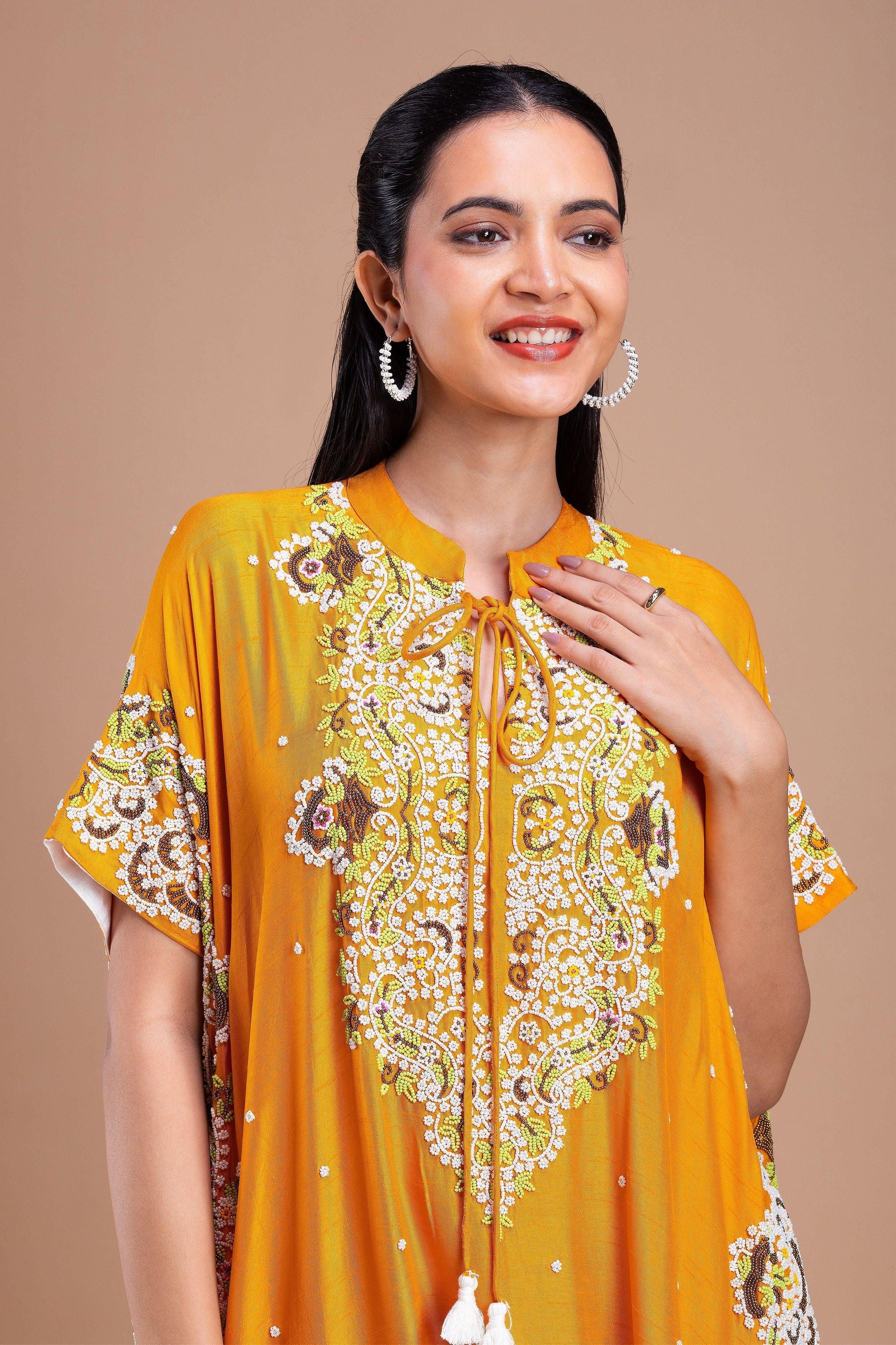 Mustard Yellow Kaftan Style Indowestern Set - Mokshaa
