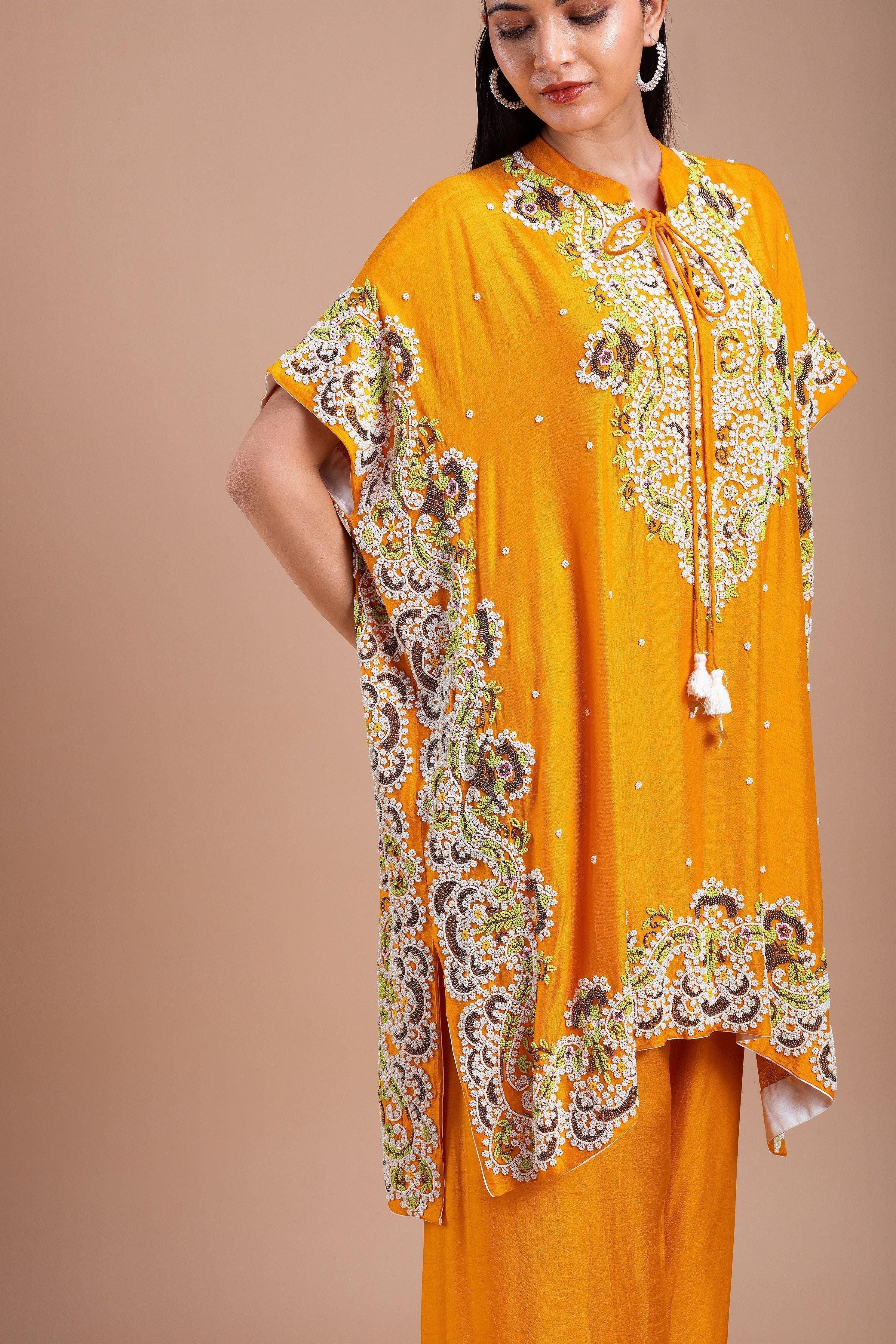 Mustard Yellow Kaftan Style Indowestern Set - Mokshaa