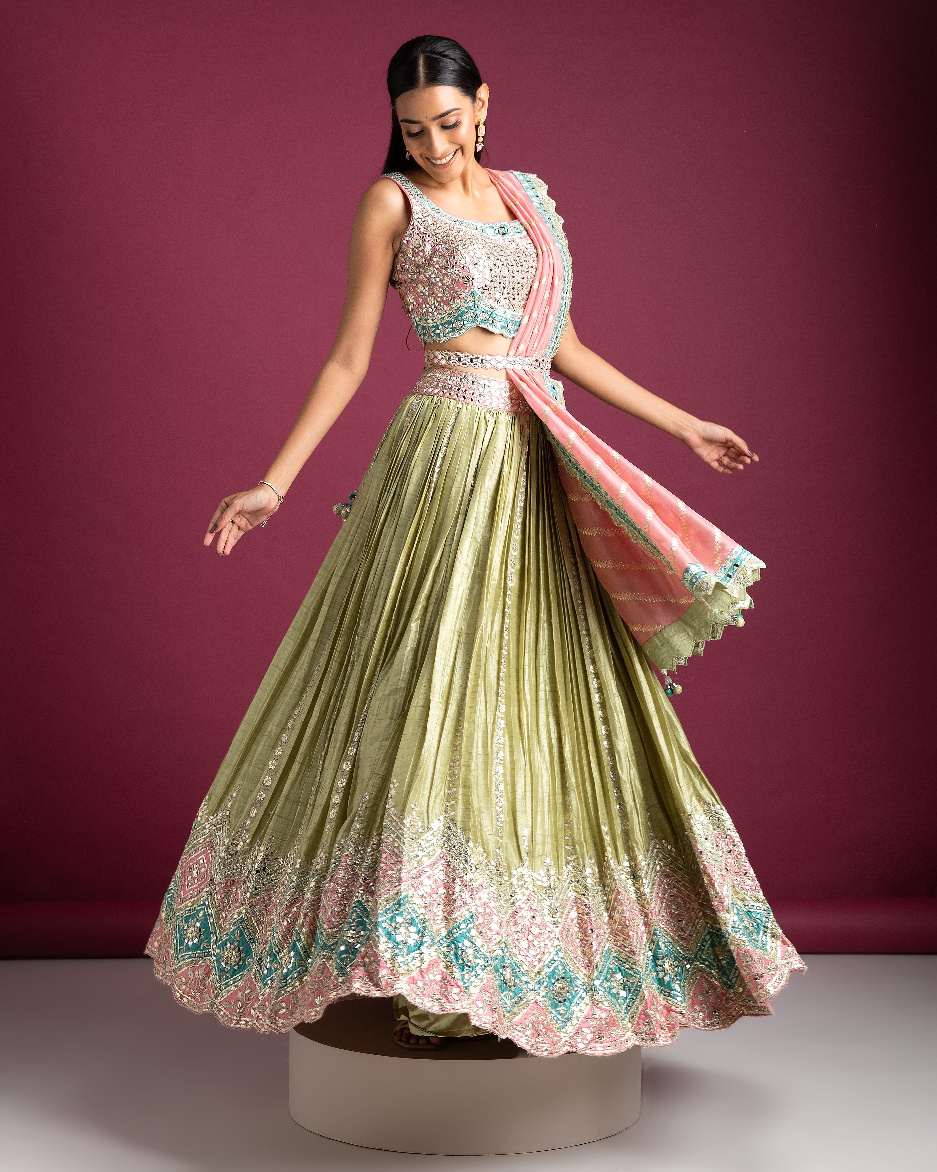 Pastel Green And Pink Embroidered Lehenga - Mokshaa