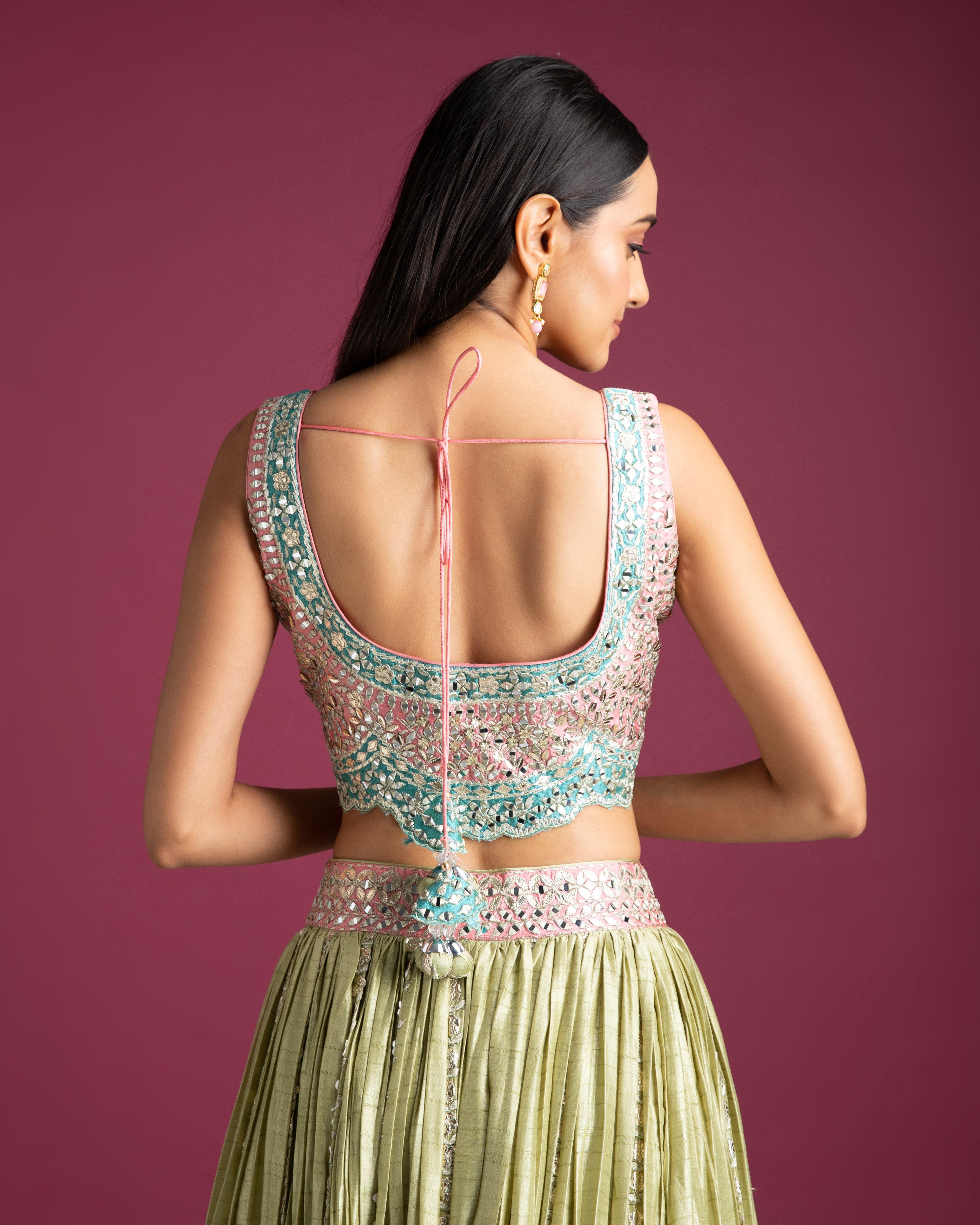 Pastel Green And Pink Embroidered Lehenga - Mokshaa