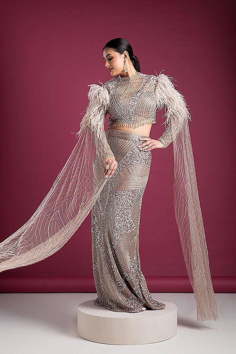Glamorous Embellished Skirt And Blouse With Feathered Sleeves - Mokshaa